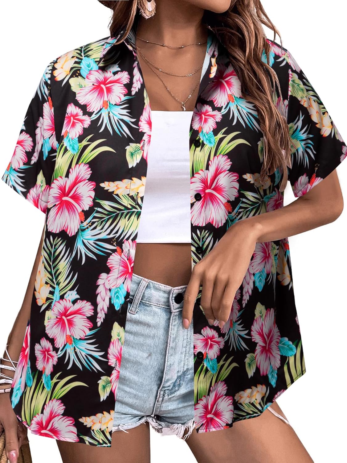 MYHALF Women Hawaiian Shirt Soft Cool Summer Hawaii Shirts Floral Tropic Print V Neck T-Shirt Short Sleeve Button Up Tops - Image 3