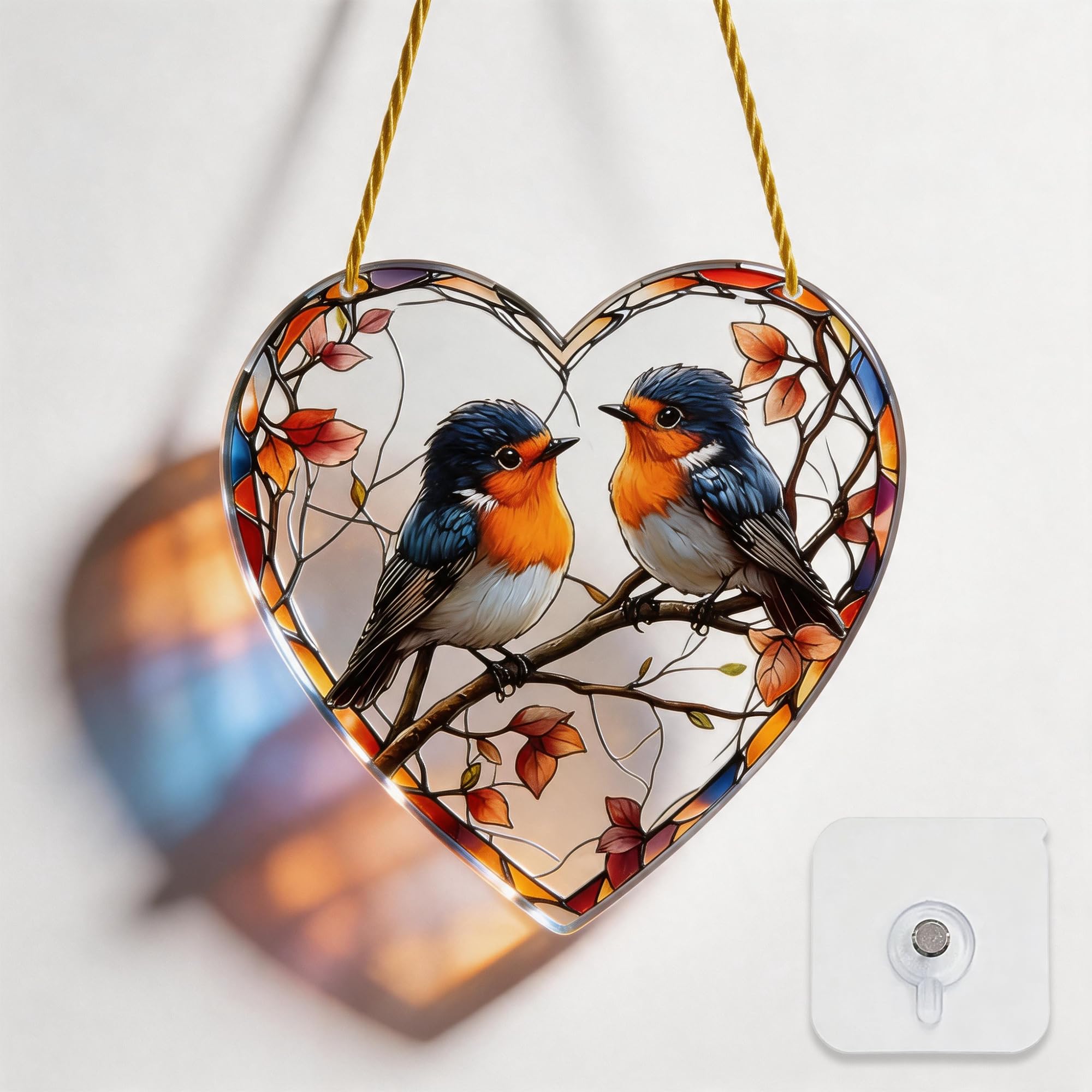 Minwegi Multicolored Sun Catcher, Robin Heart Shaped Garden Ornaments Outdoor, Stained Glass Style Memorial Gift With Clear Photo Frame, 2-Piece Set Hanging Decor For Window Garden Home
