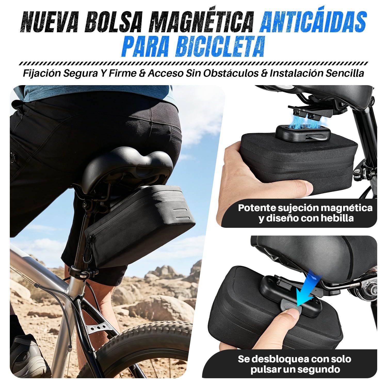 WOTOW Bolsa de Sillín para Bicicleta - Bolsa Bajo Asiento Impermeable de 0,64 L con Cremallera, Hebilla Magnética de Liberación Rápida y Soportes de Montaje para Bicicletas de Carretera y Montaña