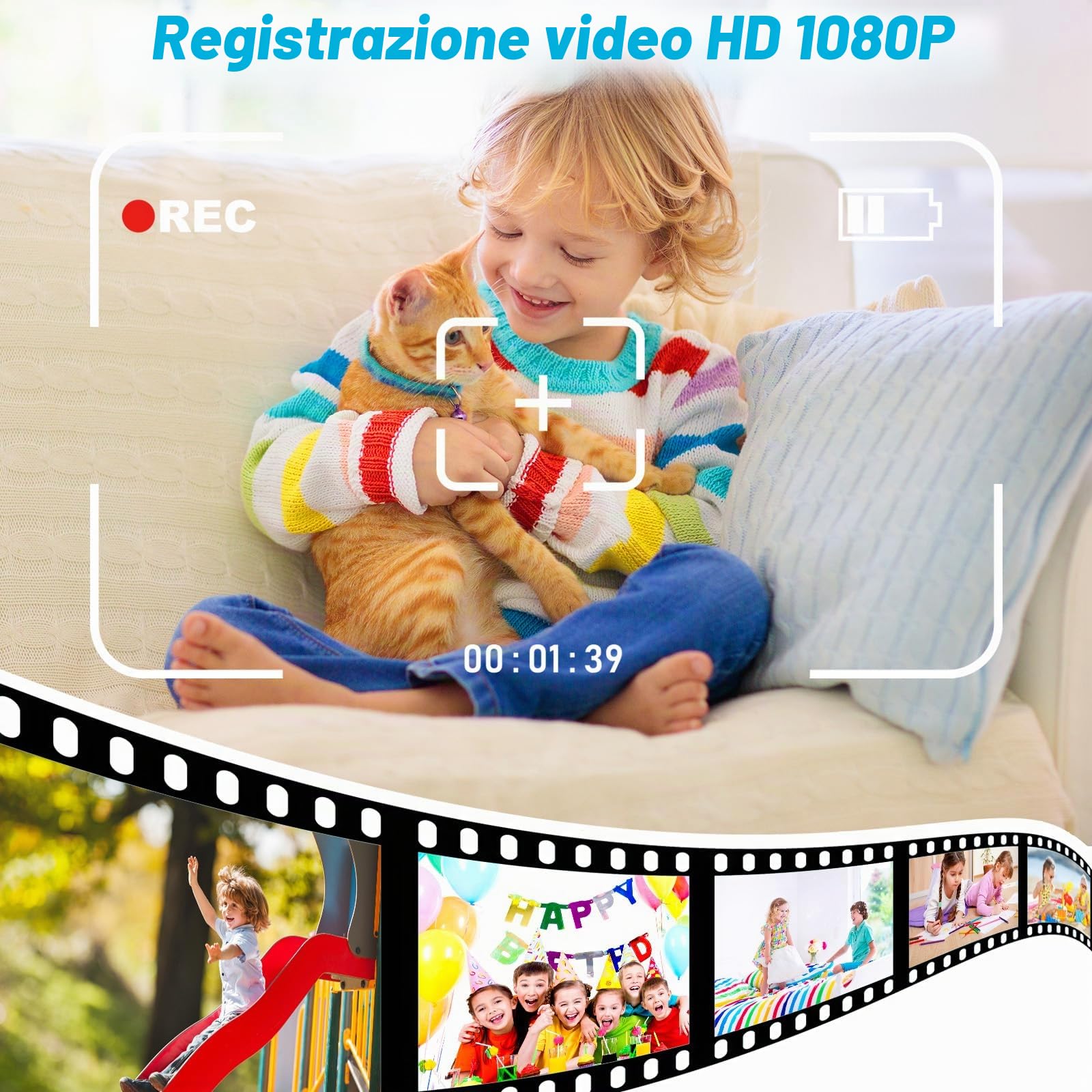 CHAKEYAKE Macchina Fotografica Bambini,Fotocamera Istantanea Digitale Bambini 2.4” 1080P HD Videocamera con 32GB Scheda SD,Macchina Fotografica Giocattolo Idee Regalo Bambino 3-12 Anni(Blu)