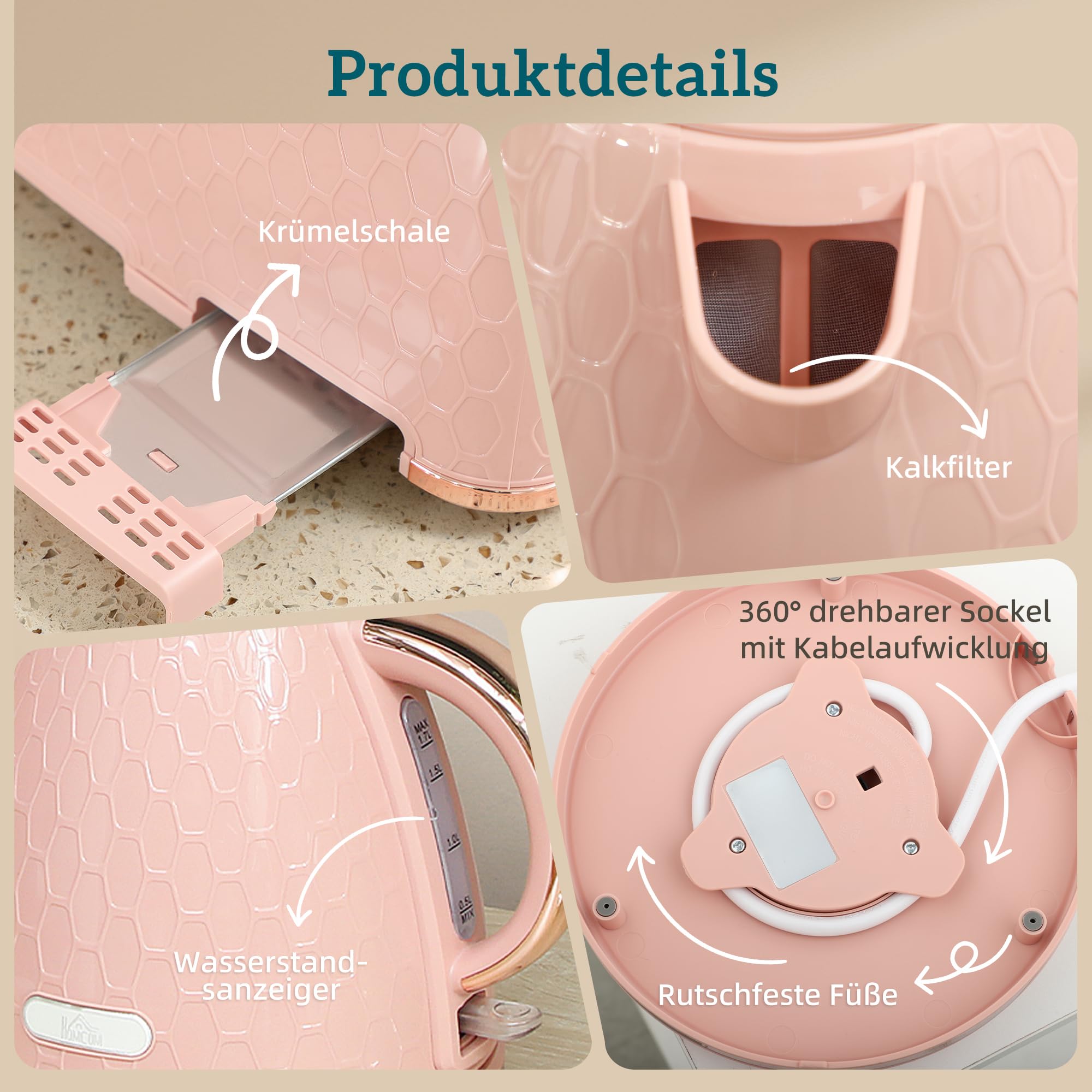 HOMCOM Wasserkocher Toaster Set 1,7L 2200W 2-Scheiben-Toaster 7 Bräunungsstufen Rosa