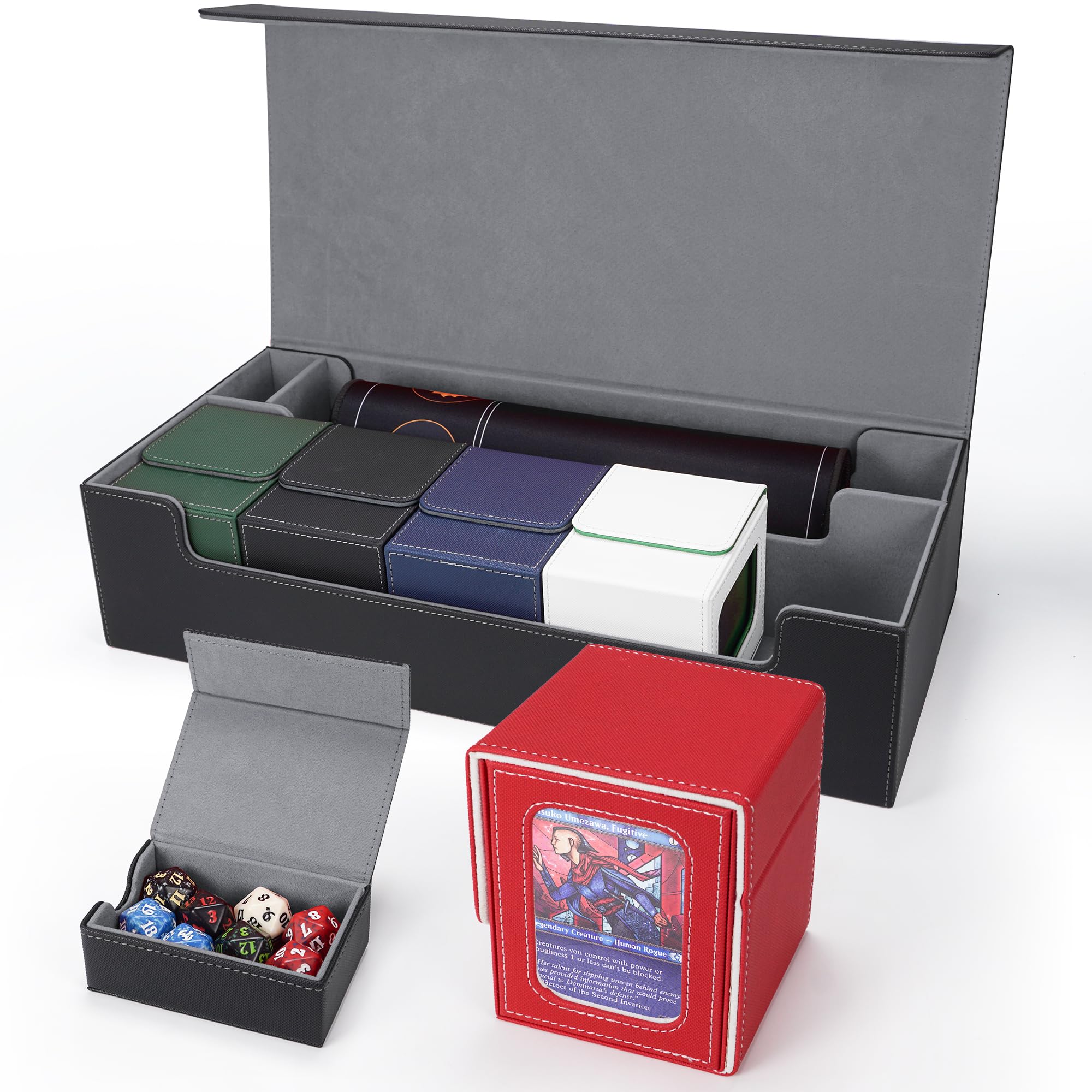 AFIING MTG Deck Box 6 In1 with MTG Playma,Premium Card Storage Box with 5 Pcs MTG Deck Box Holds 2400+ Trading Cards, Large TCG Card Deck Case for Magic Yugioh Sports Cards (Black&Grye)