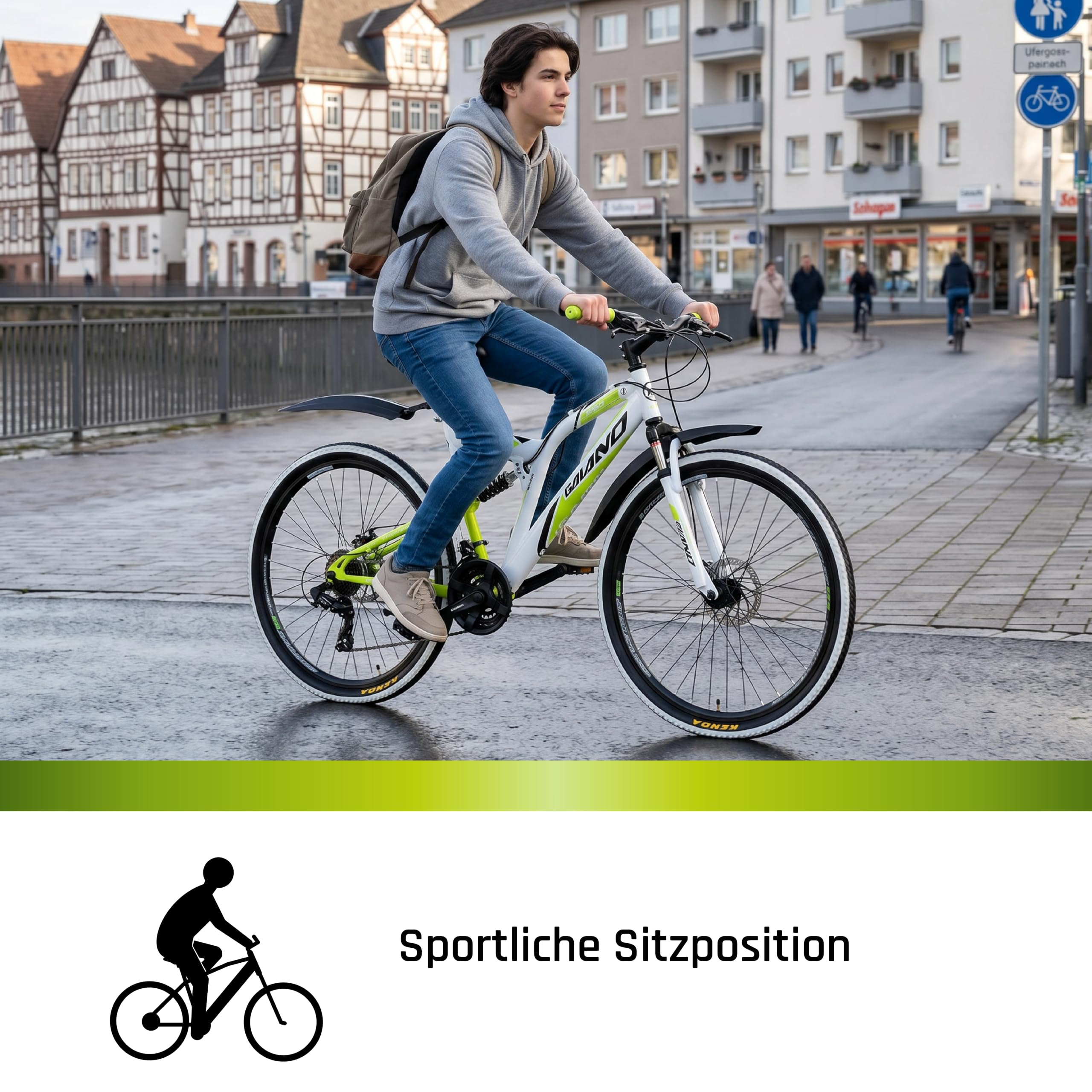 Galano Volt DS Mountainbike für Mädchen und Jungen ab 160 cm, Jugendfahrrad Unisex mit 21 Gangschaltung und Scheibenbremsen, Fahrrad MTB Fully Schutzblech (weiß/grün)