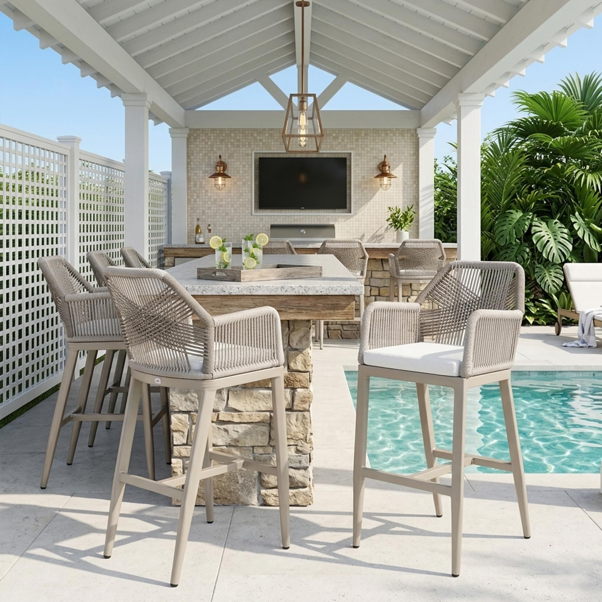 PURPLE LEAF Bar Height Stools Set of 4 with Arms, Back &amp; Cushion, Champagne