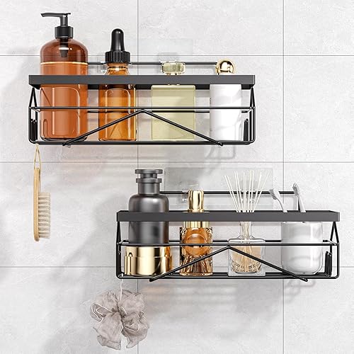 Organizador de estante adhesivo de acero inoxidable para ducha, almacenamiento de baño apto para inquilinos (negro mate, 2 piezas)