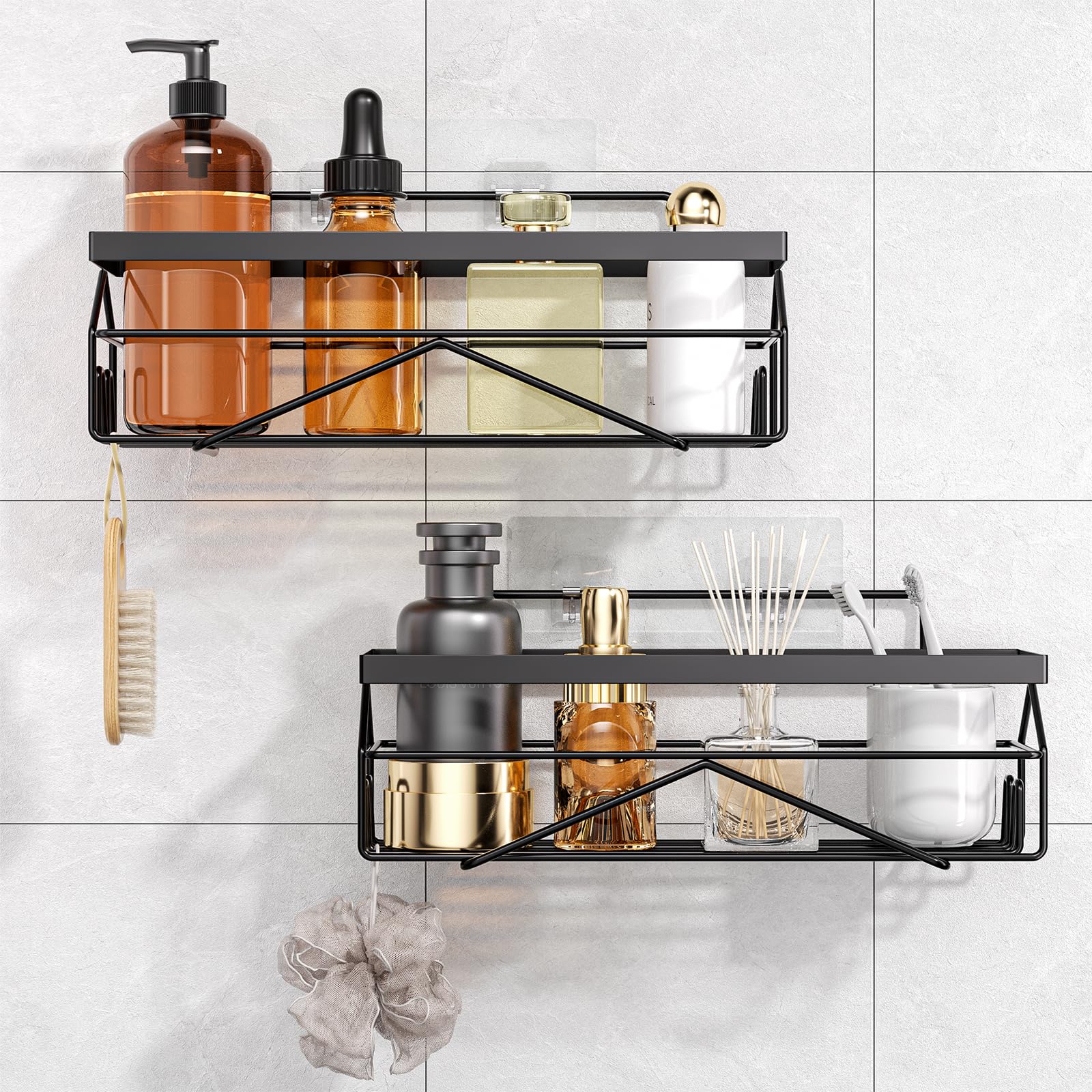 PIMVANS Adhesive Stainless Steel Shower Caddy Shelf Organizer - Renter-Friendly Bathroom Storage (Matte Black 2PCS)