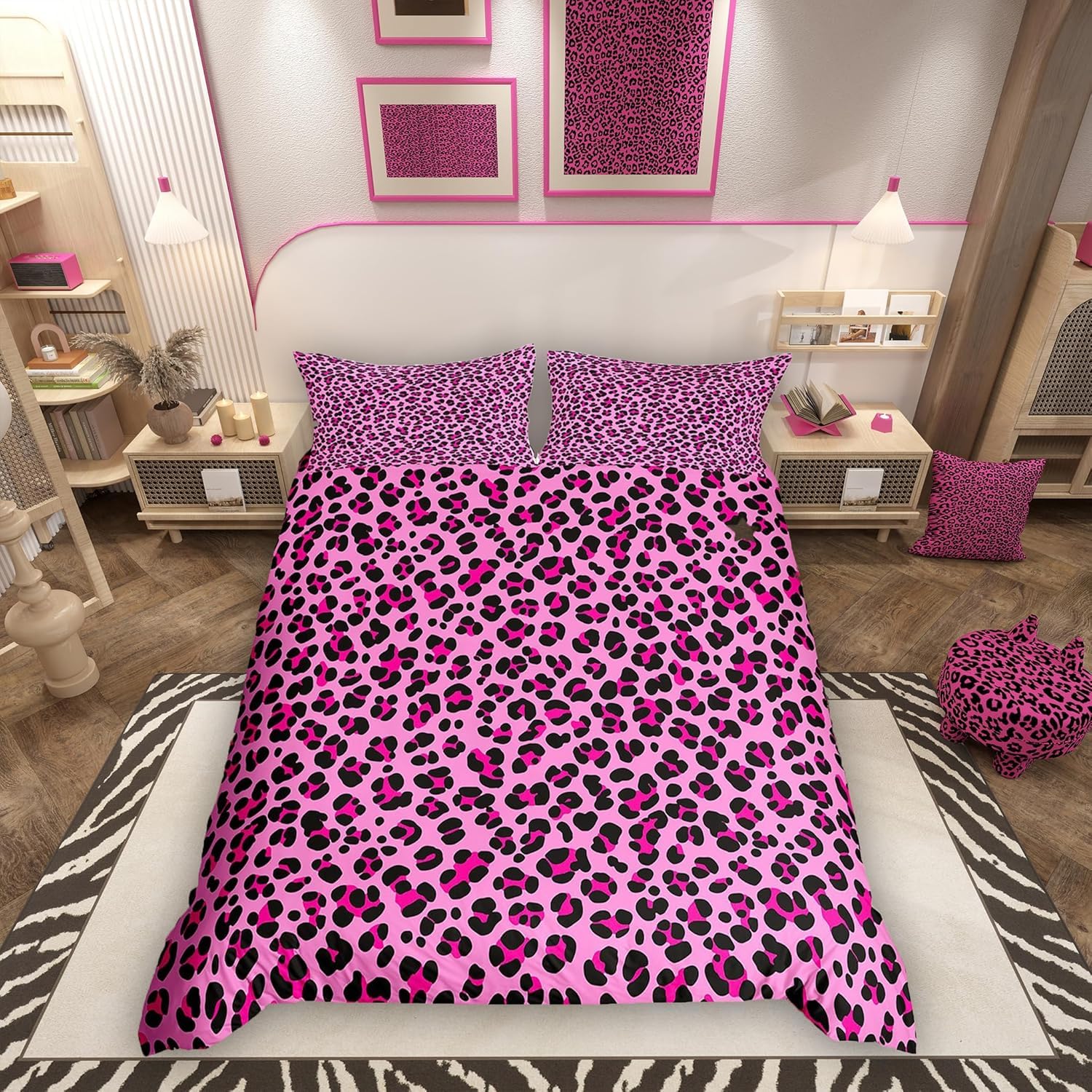 Loussiesd Pink Leopard Duvet Cover Set King Size Cheetah Bedding Set for Boys Girls Animal Print Duvet Cover with 2 Pillowcases Safari Bedroom Decor,Zipper Closure