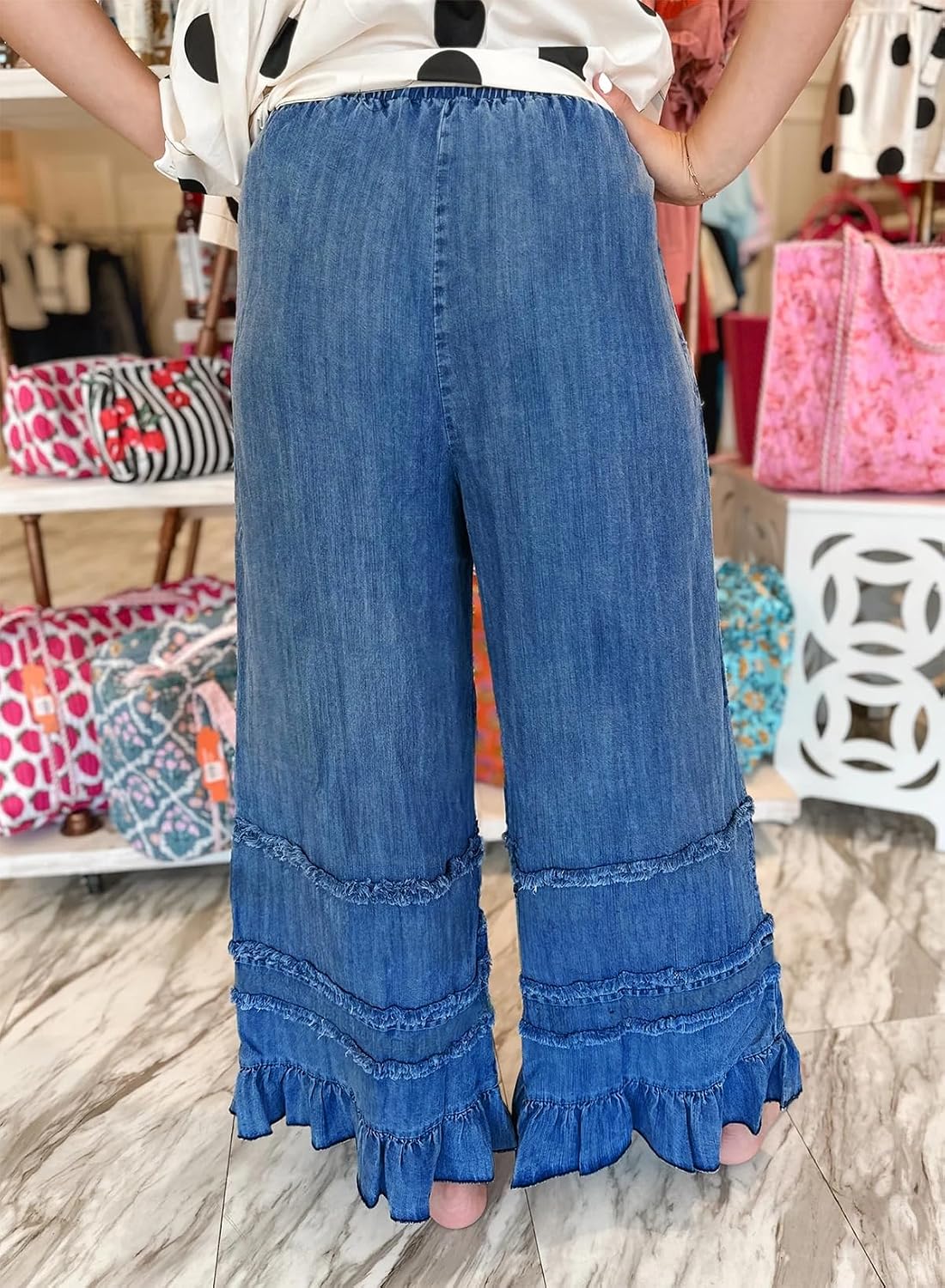 Astylish Wide Leg Jeans for Women Stretch High Wasited Ruffle Hem Pants image 3
