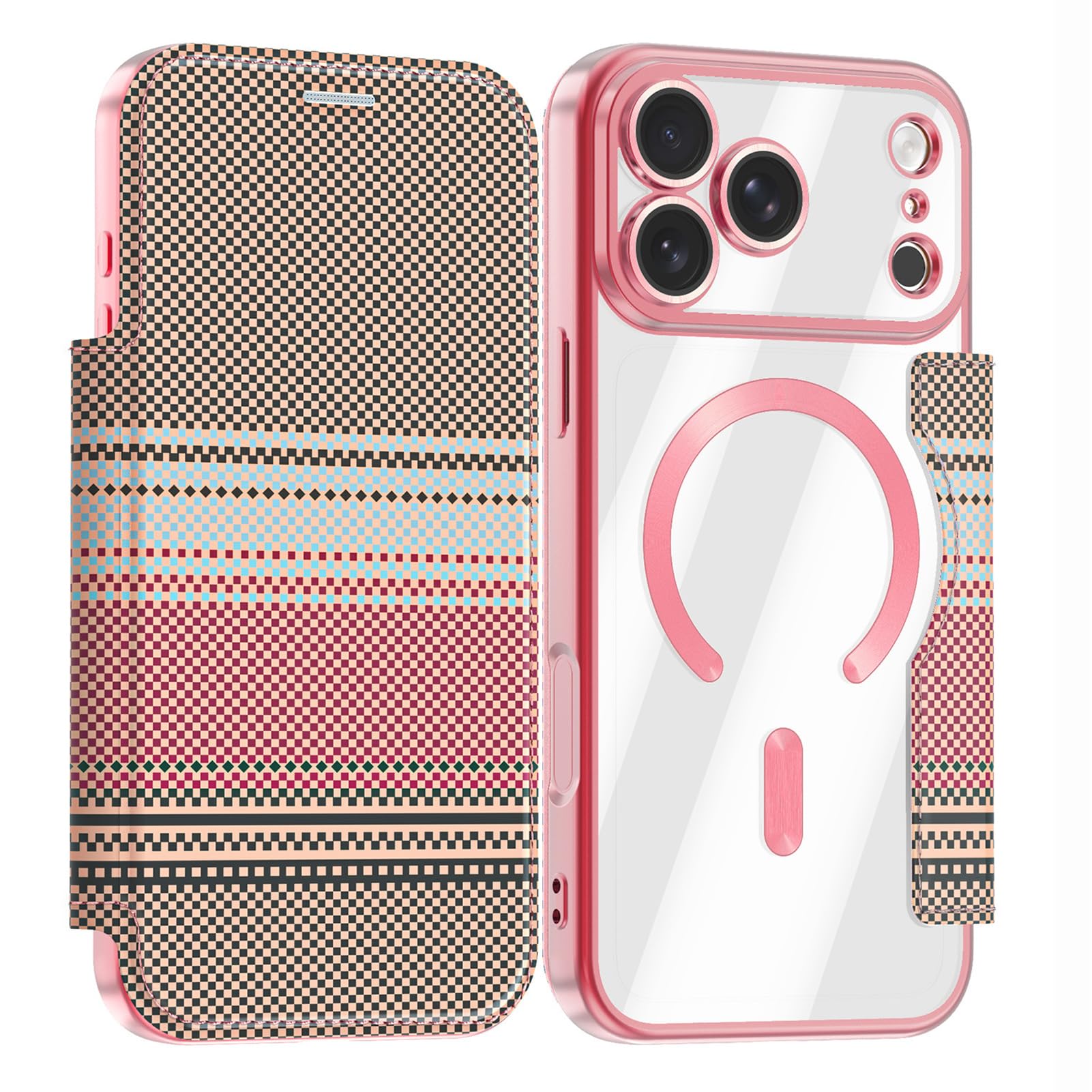 Coque en cuir pour iPhone 17 Pro Max avec rabat chic texture carbone rose