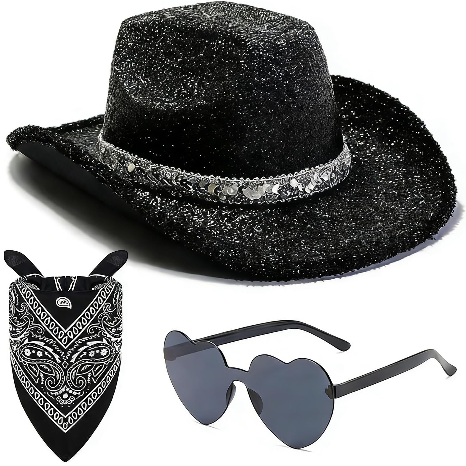Spiritzohic Cowboy Hat for Women, Western Cowgirl Hat with Bandana and Heart Sunglasses, Women Western Hat with Sequin, Cowgirl Costume Accessories, for Birthday, Halloween, BachelorParty Cosplay-E