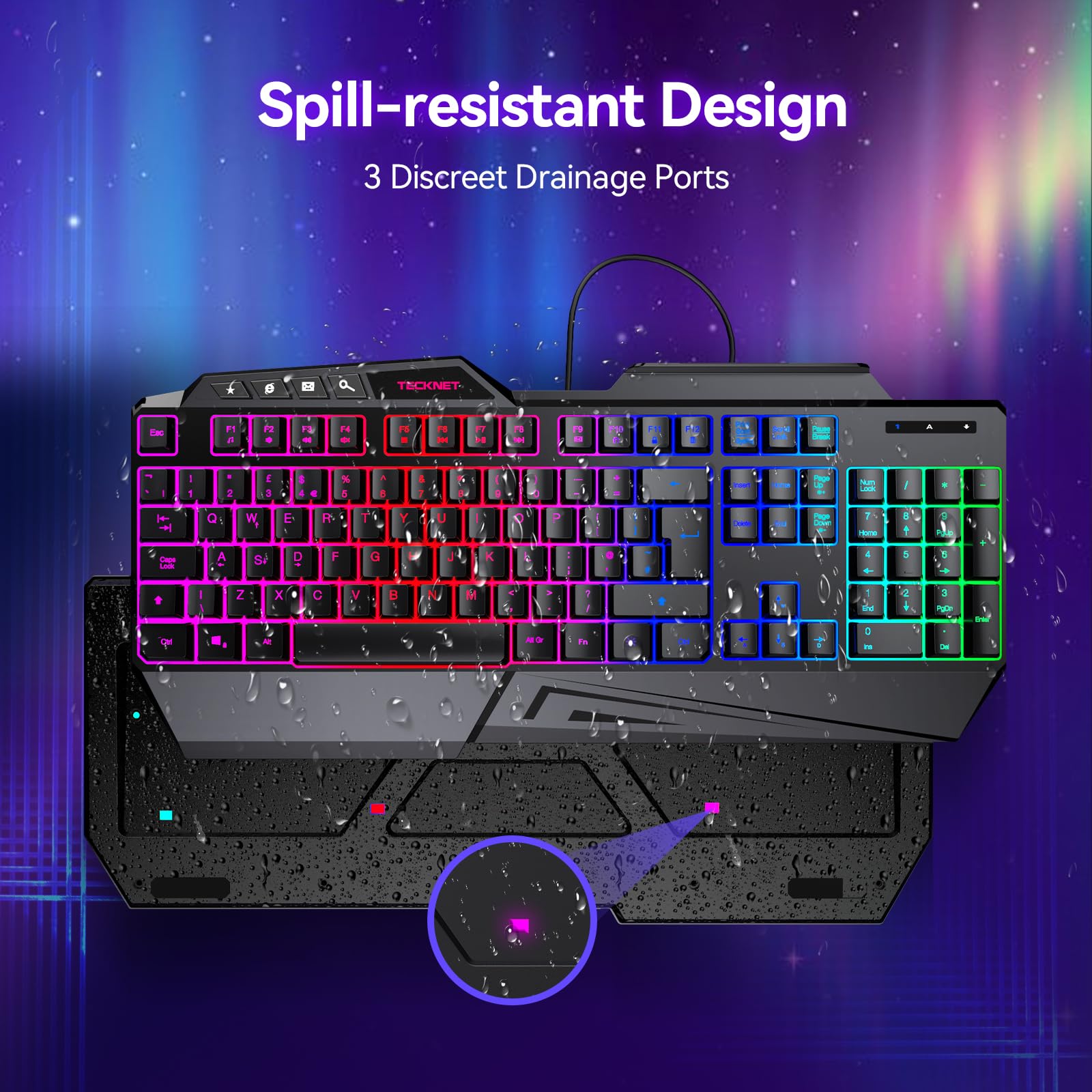 TECKNET Wired Gaming Keyboard, 26-Key Anti-Ghosting RGB Keyboard, Ergonomic Design with Phone Holder & Wrist Rest, Dedicated Shortcut Keys & Spill-Resistant Backlit Keyboards for PC/PS5/Xbox — view 5