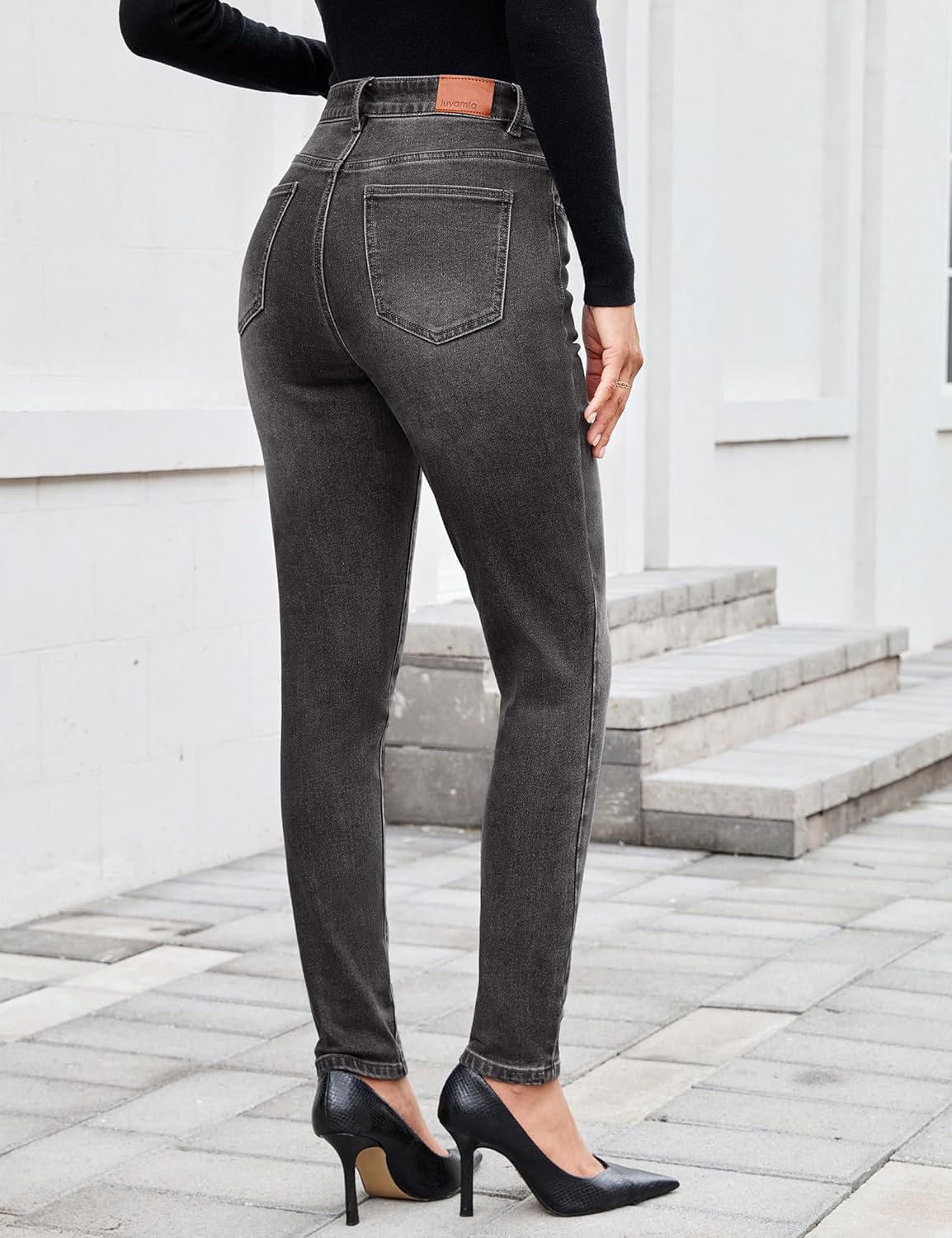 luvamia Skinny Jeans for Women Thin Fleece Lined High Waisted Front Yoke Fall Thermal Stretchy Denim Pants Warm Jeggings - Image 7