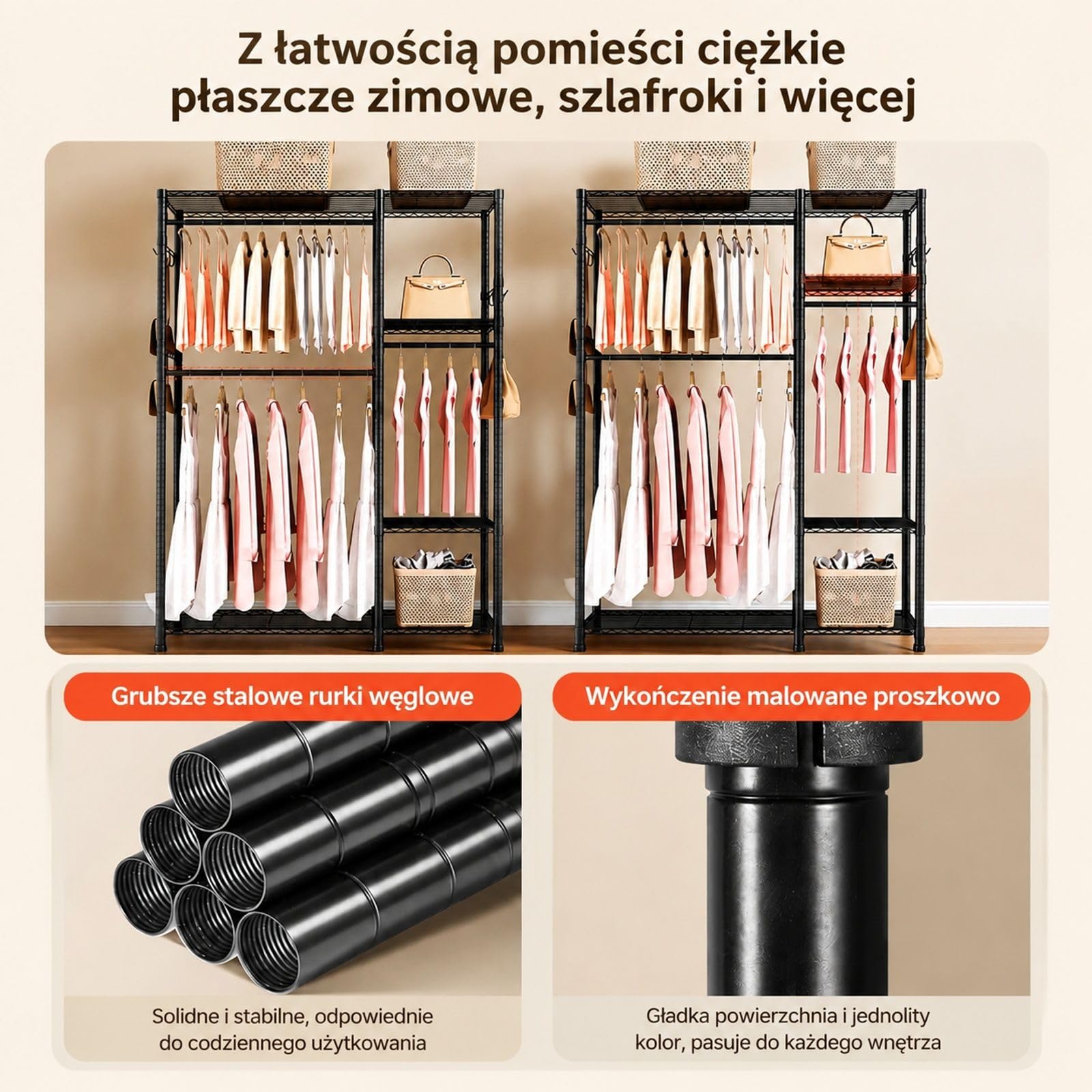 Regulowany wieszak na ubrania ze stali węglowej, 3 drążki, 6 półek i 8 haczyków, otwarta szafa do sypialni, sklepu i korytarza