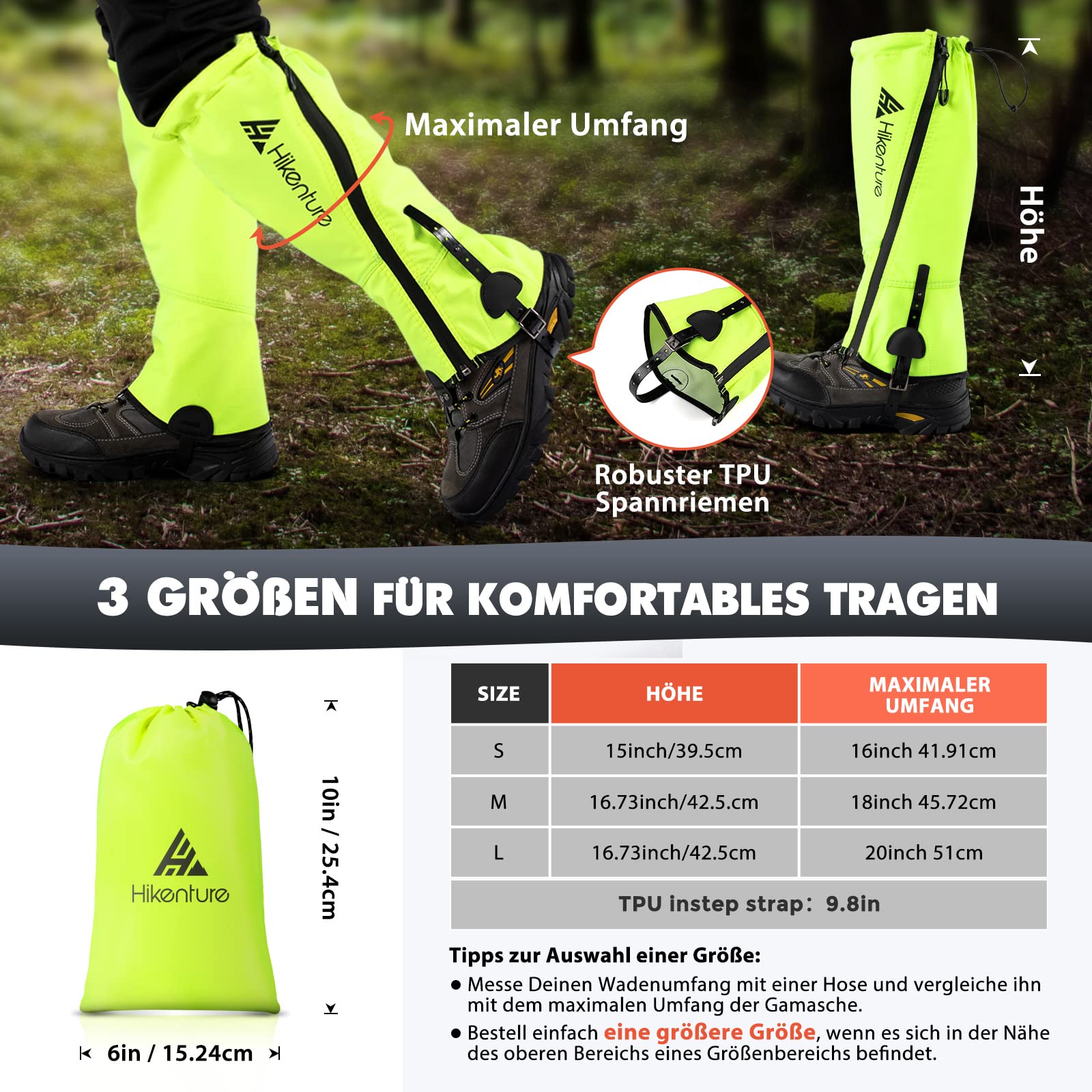 HIKENTURE getry trekkingowe, polowania, jazda na rowerze, getry dla mężczyzn i kobiet, wodoodporne getry przeciwdeszczowe, getry outdoorowe chronią spodnie i buty przed śniegiem, deszczem/owadami