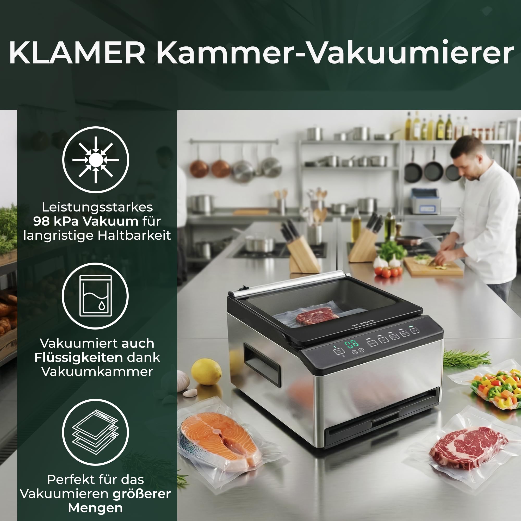 KLAMER Vakuumiergerät Kammer Edelstahl 98 kPa Profi Kammervakuumierer Marinier-Funktion Einstellbare Vakuumzeit & Schweißzeit