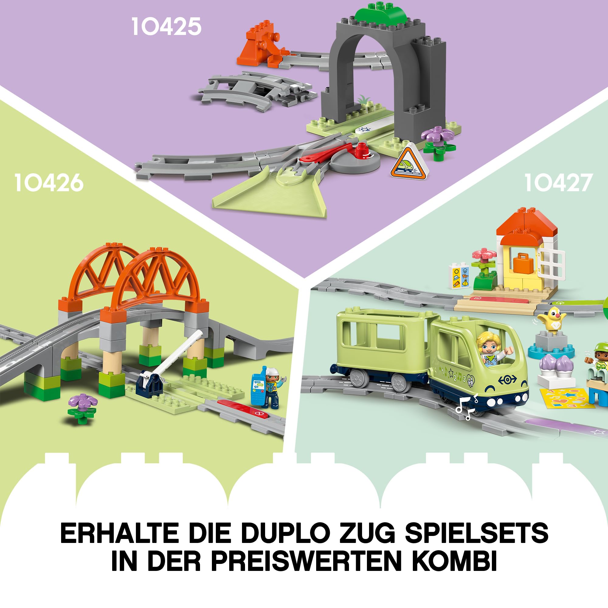 LEGO DUPLO Eisenbahn Abenteuer 3er-Set - Starter Set mit DUPLO Zug Elektrisch, LEGO DUPLO Eisenbahnbrücke, Eisenbahntunnel & Eisenbahn Schienen (10425, 10426 & 10427), ab 2 Jahre Eisenbahn