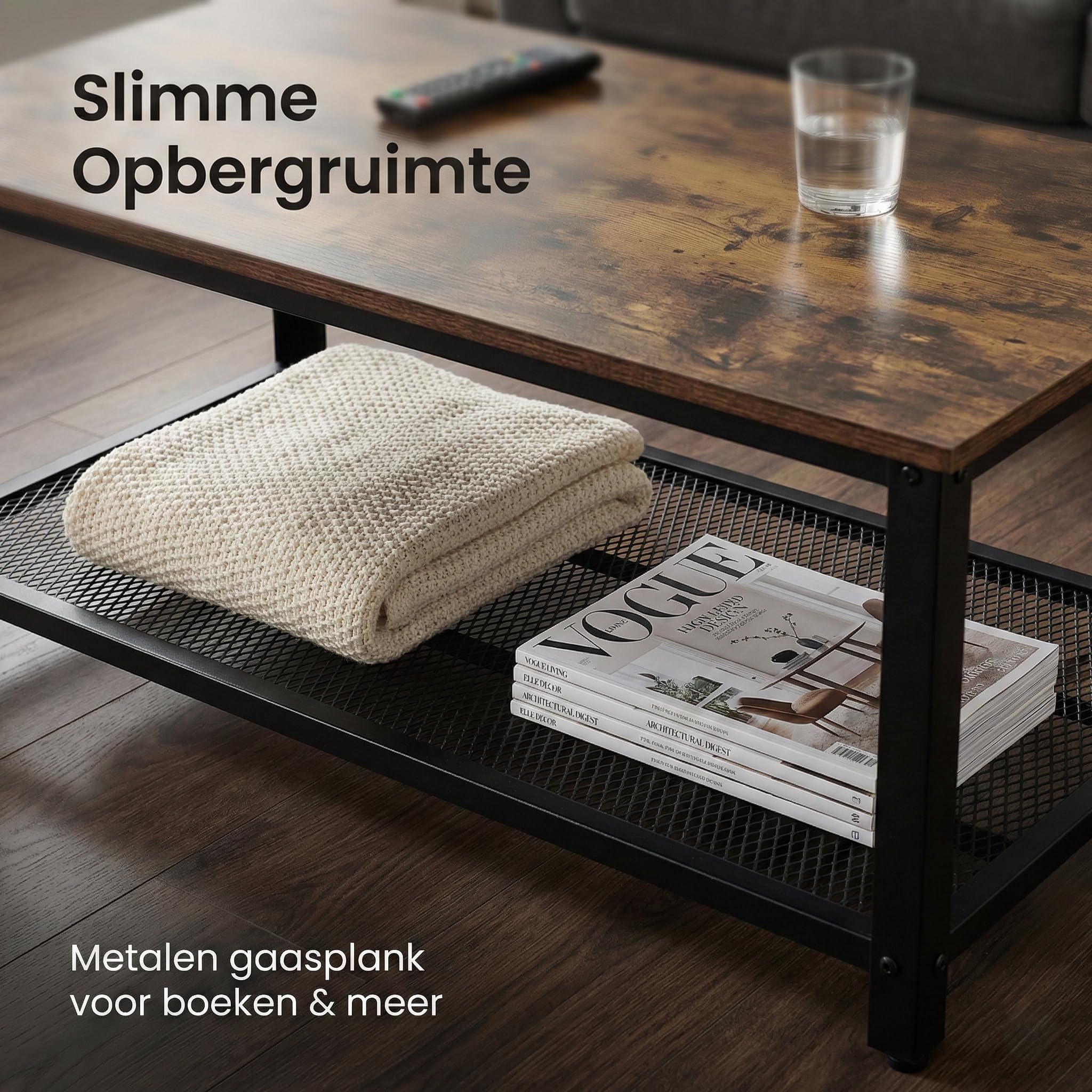 Mesa de centro industrial - Aspecto de madera vintage y acero - 2 capas - Con Estante de malla - Mesa Industrial - Sólida, Elegante & Fácil de Montar