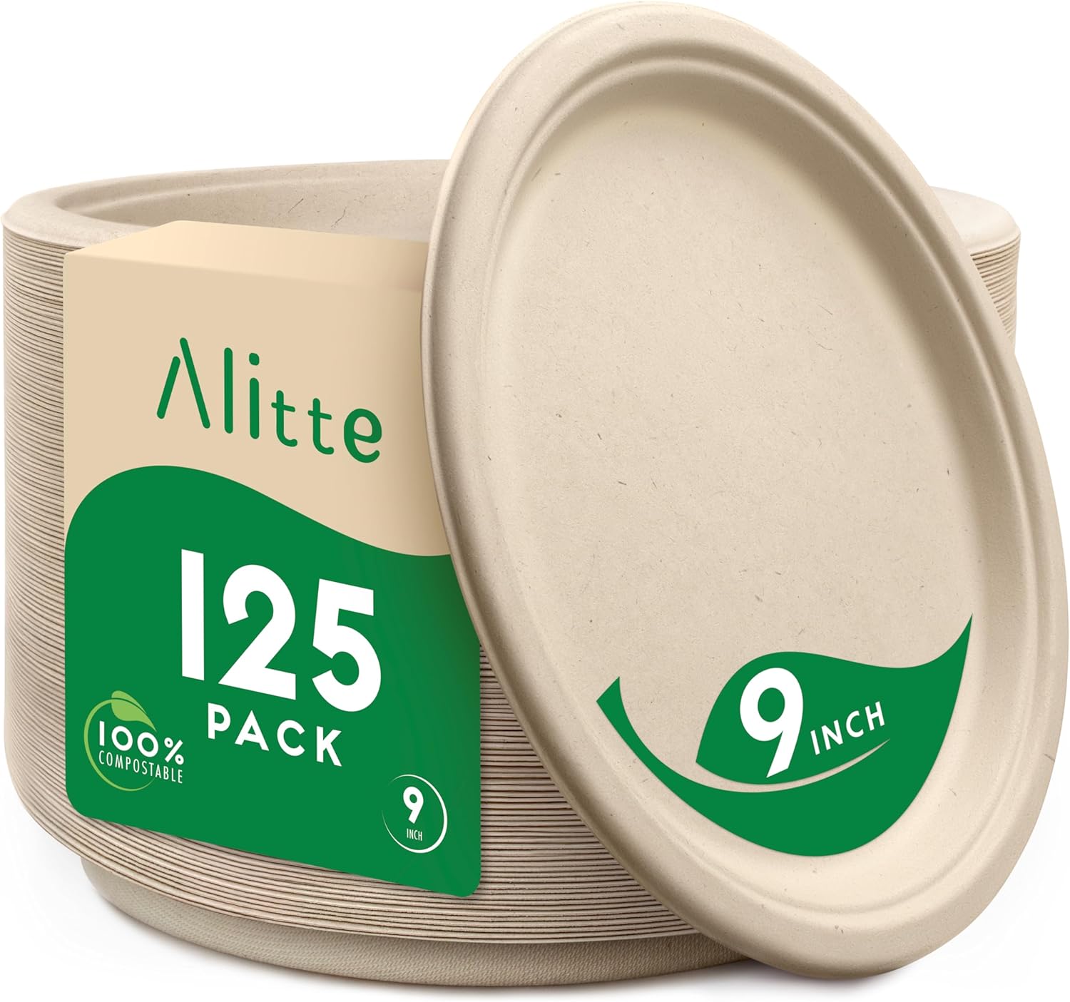 Compostable Plates, Disposable Heavy Duty Paper Plate – 125 Pack, Unbleached, 9 Inch Biodegradable, Brown | Natural Sugarcane Bagasse, Everyday Plates for Dinner, Party, Eco-Friendly