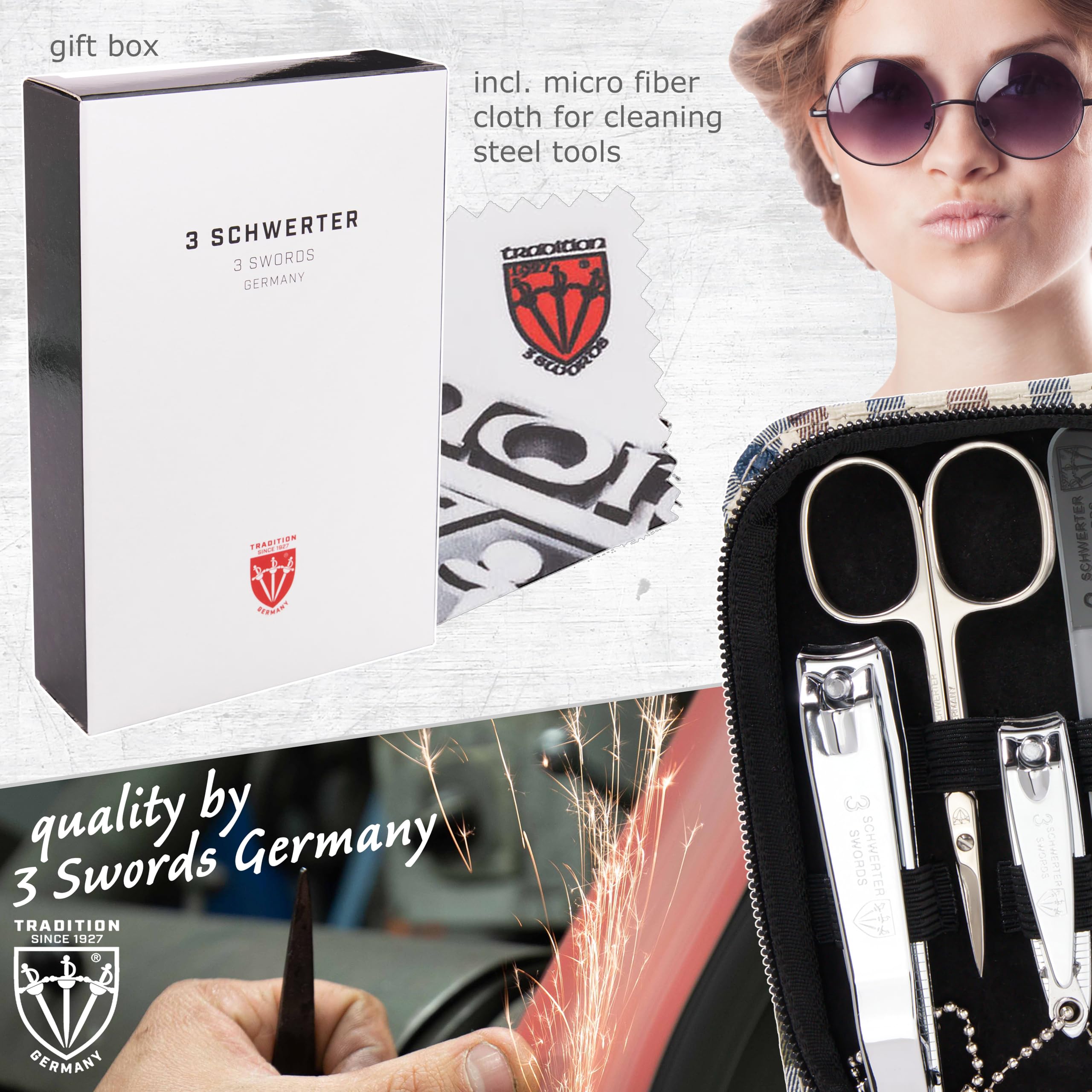 3 Swords Germany - Kit de manucure et pédicure de qualité supérieure - 8 pièces - Étui en cuir synthétique à carreaux - Fabriqué en Allemagne