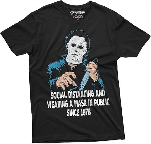 Miniatura 2 de Camiseta de terror de Halloween con máscara de distanciamiento social y uso de Michael Myers para hombre