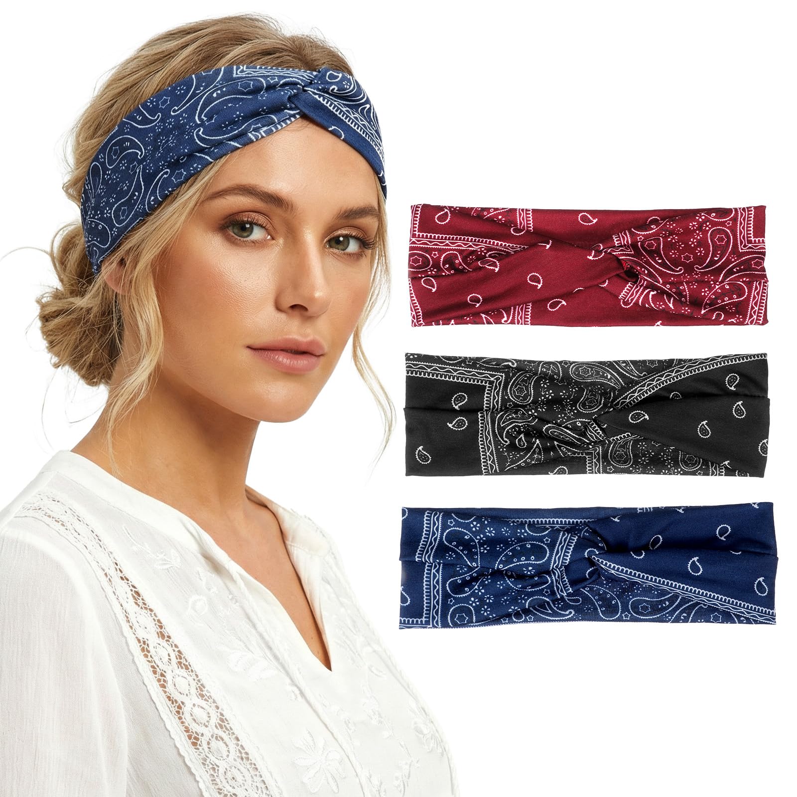 Mabor 3-Pack Elastic Headbands for Women, Stretchy Bandana Hair Wraps & Soft Fabric Headbands for Workout, Yoga, Running, Daily Style-image-14