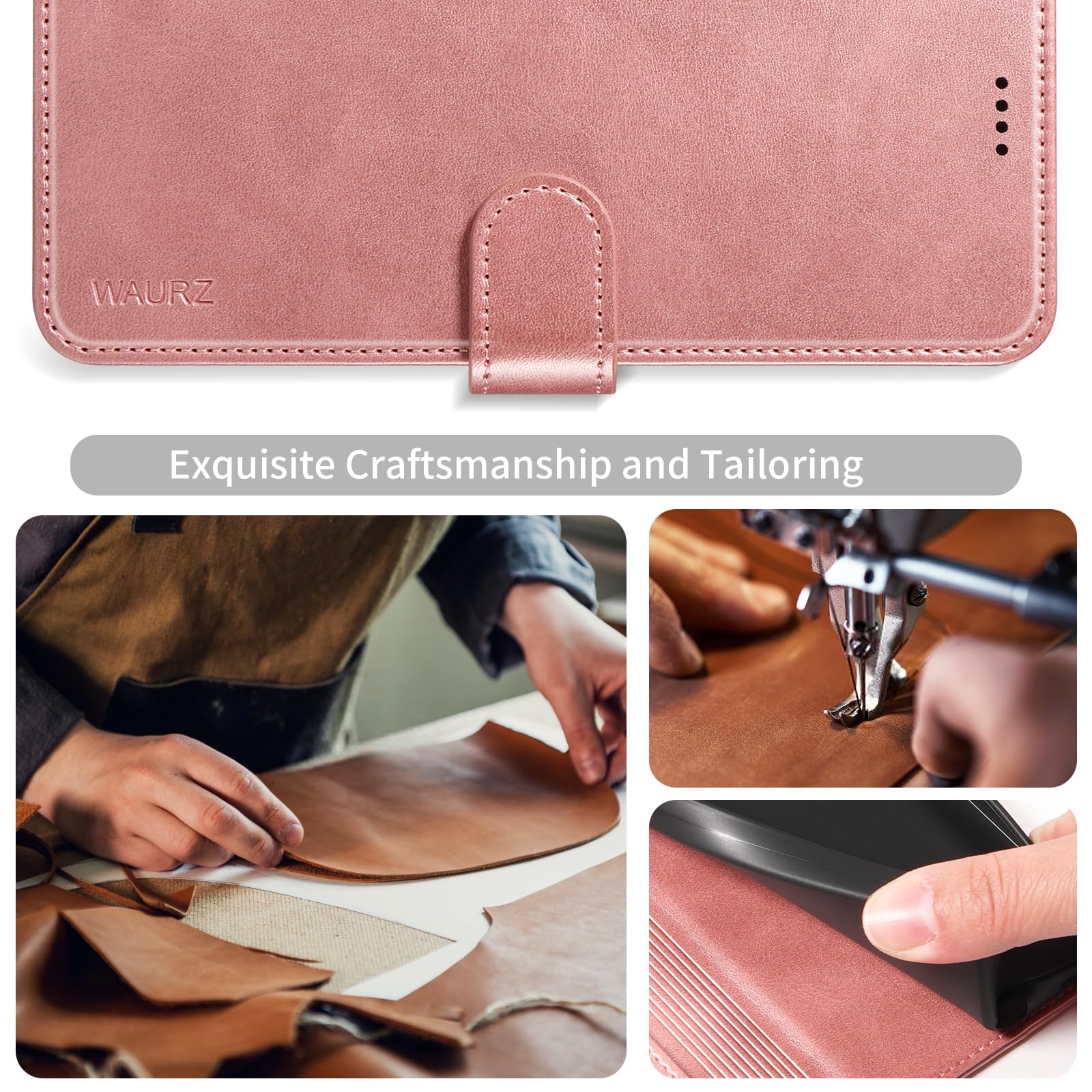 WAURZ Cover per Samsung Galaxy A56 5G Custodia Cover Pelle Libro con 2 Pellicola Vetro Temperato Protezione Schermo Portafoglio Porta Carte Antiurto Cuoio Flip Case Custodia Cover,Oro Rosa