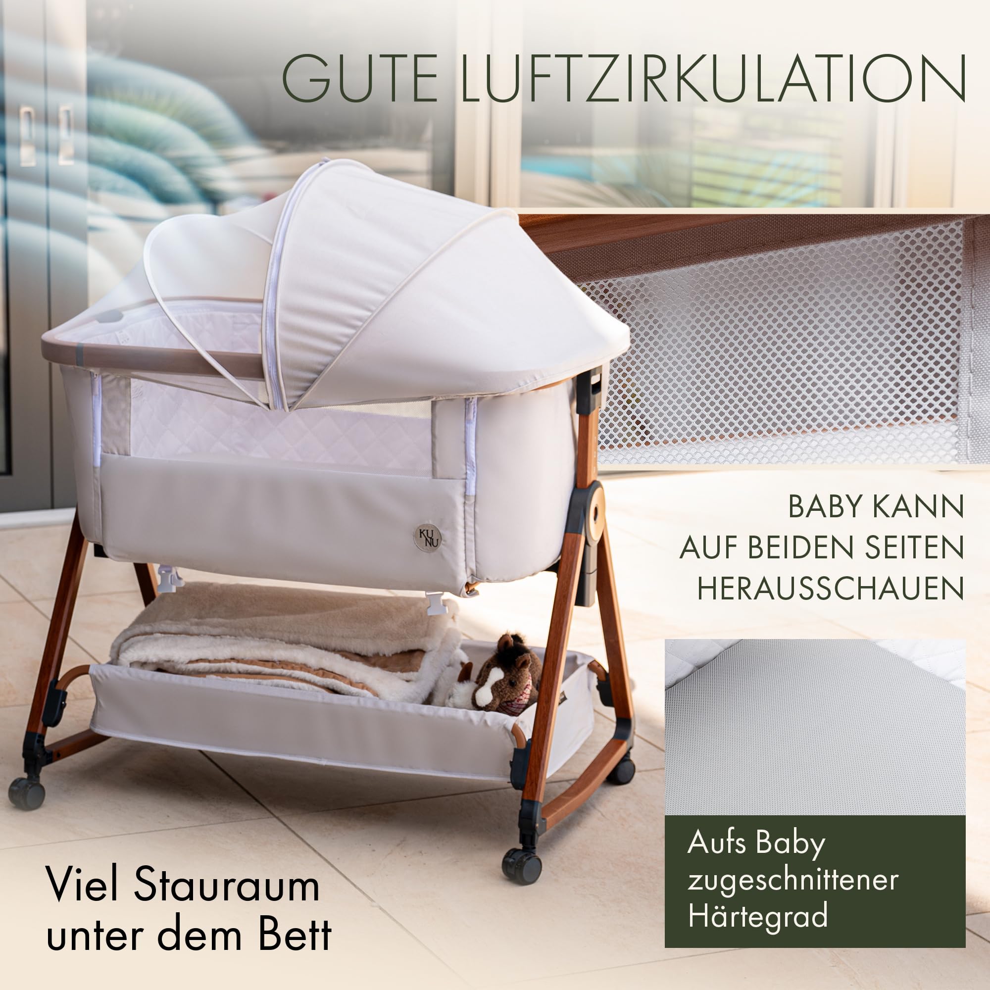 KUNU Babybett Beistellbett mit Rollen für Boxspringbett 3 in 1 rollbares Baby Bett Reise Babywiege Stubenwagen höhenverstellbar inkl Reisetasche