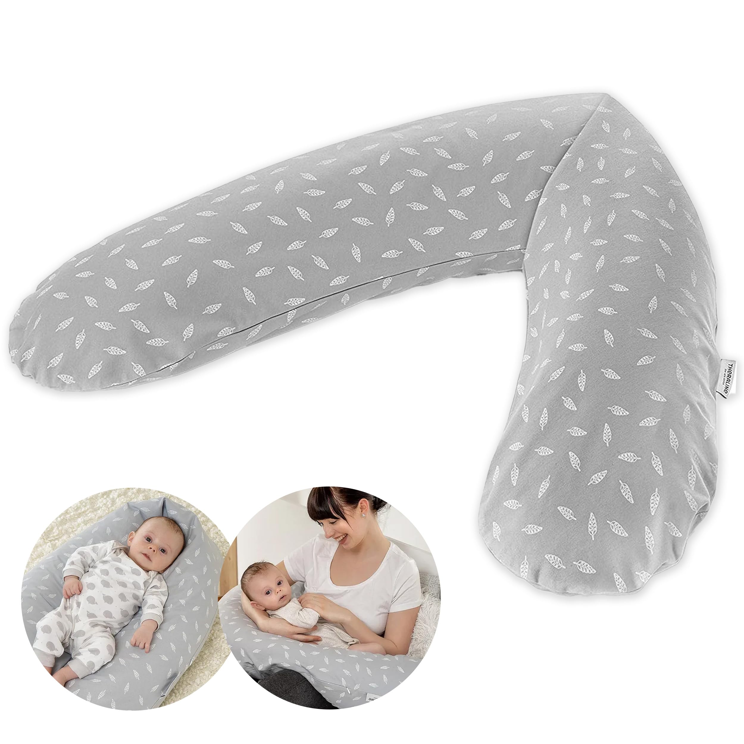 Theraline Coussin d'allaitement et Grossesse 190 cm – Microbilles silencieuses, Housse Amovible 100% Coton sans substances nocives – Leaves, Gris
