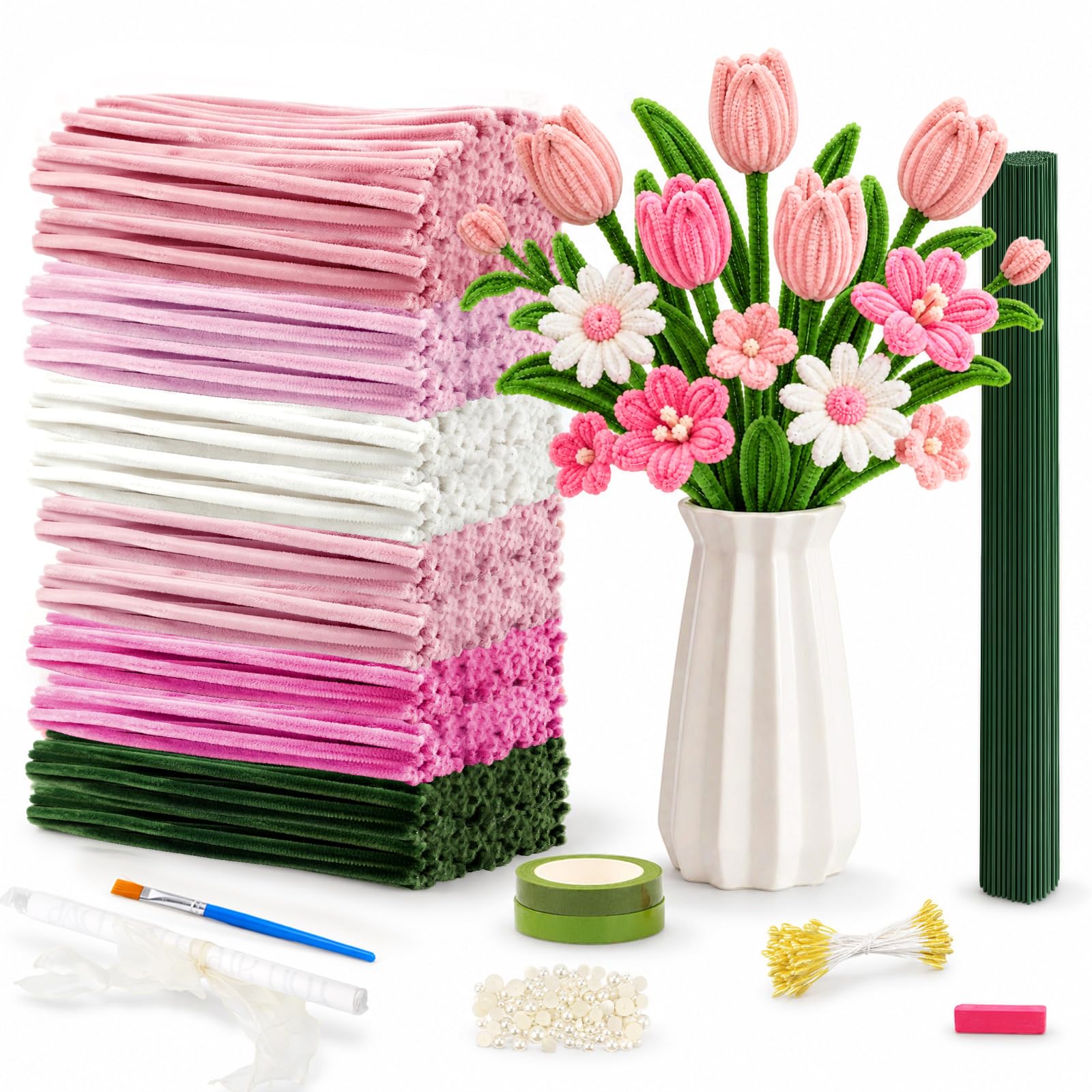Pipe Cleaner, Flower Set, 680 Pieces, Pipe Cleaners for Crafts, 6 Colours, Pipe Cleaner for Crafts with Flower Wire, Gift Wrap, Instructions for DIY Bouquet, Mother's Day - pink