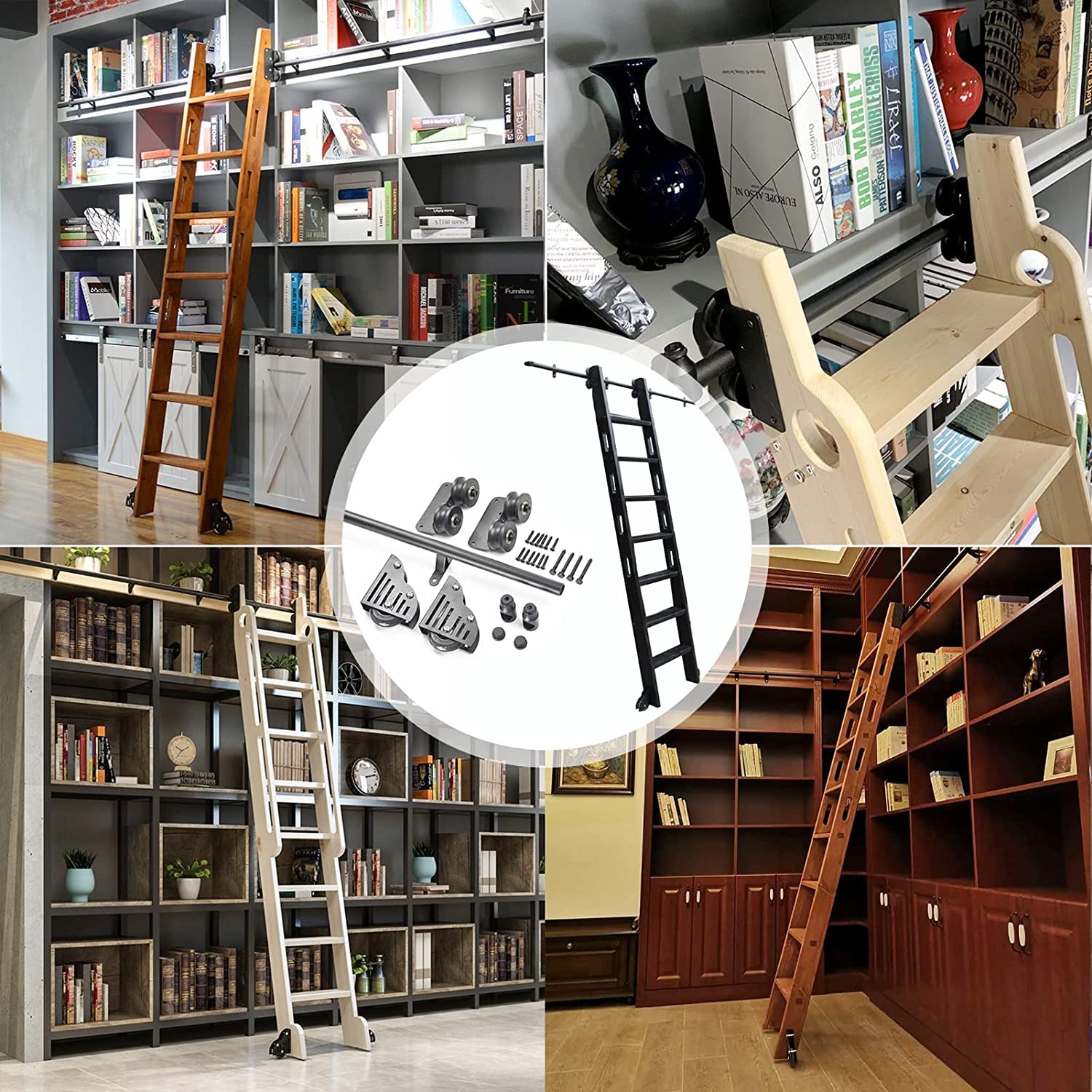 Ruchomy tor drabinowy z okrągłą rurą, z rolkami podłogowymi (bez drabiny) Biblioteka sprzętu drabiny na kółkach o długości 3,3–20 stóp Zestaw przesuwnych drzwi do stodoły, rustykalny czarny (rozmiar: