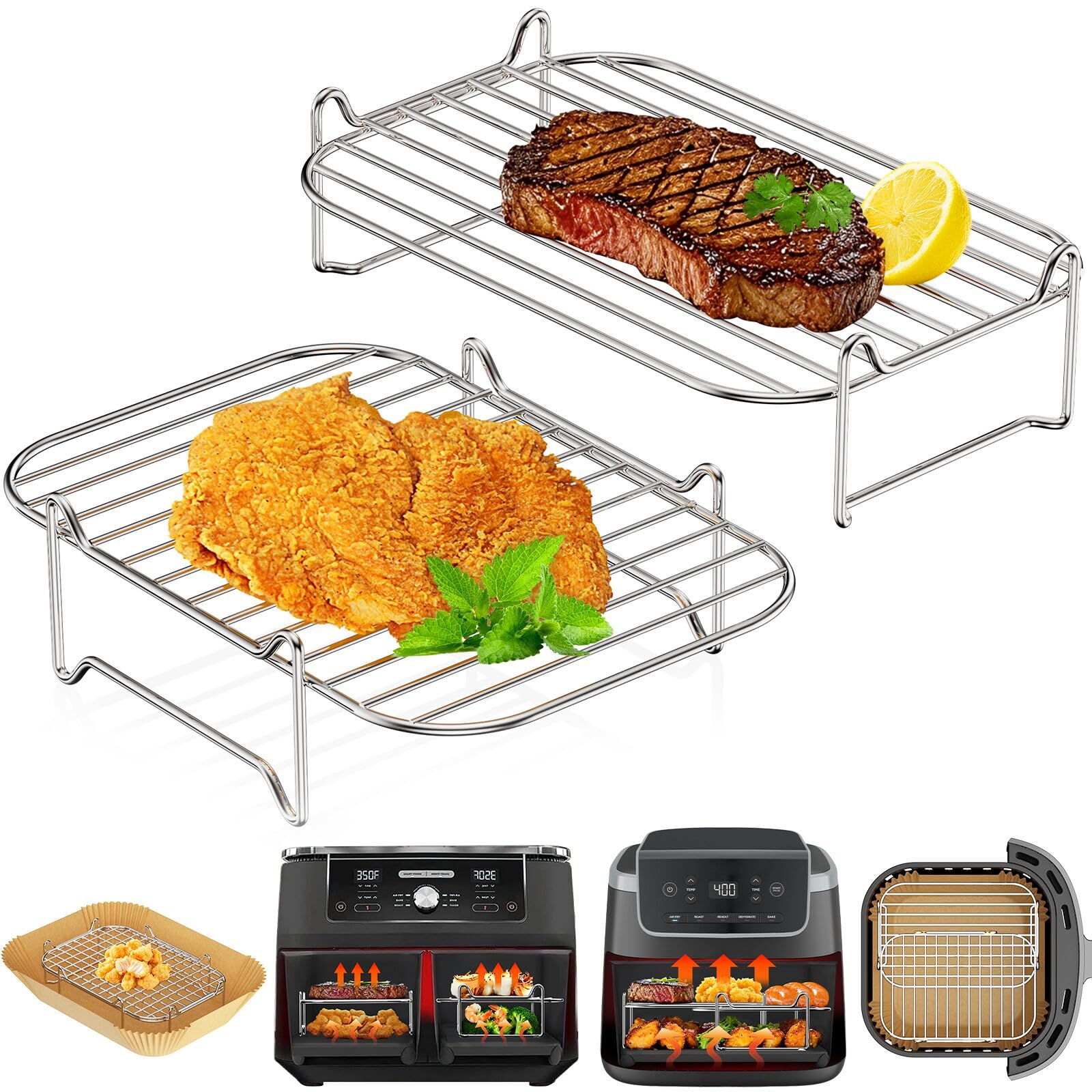 Ninja Heißluftfritteuse Zubehör Stapelbare Grillroste für Dual Zone Airfryer - HONYAO 2er-Set Edelstahl Kompatibel mit N
