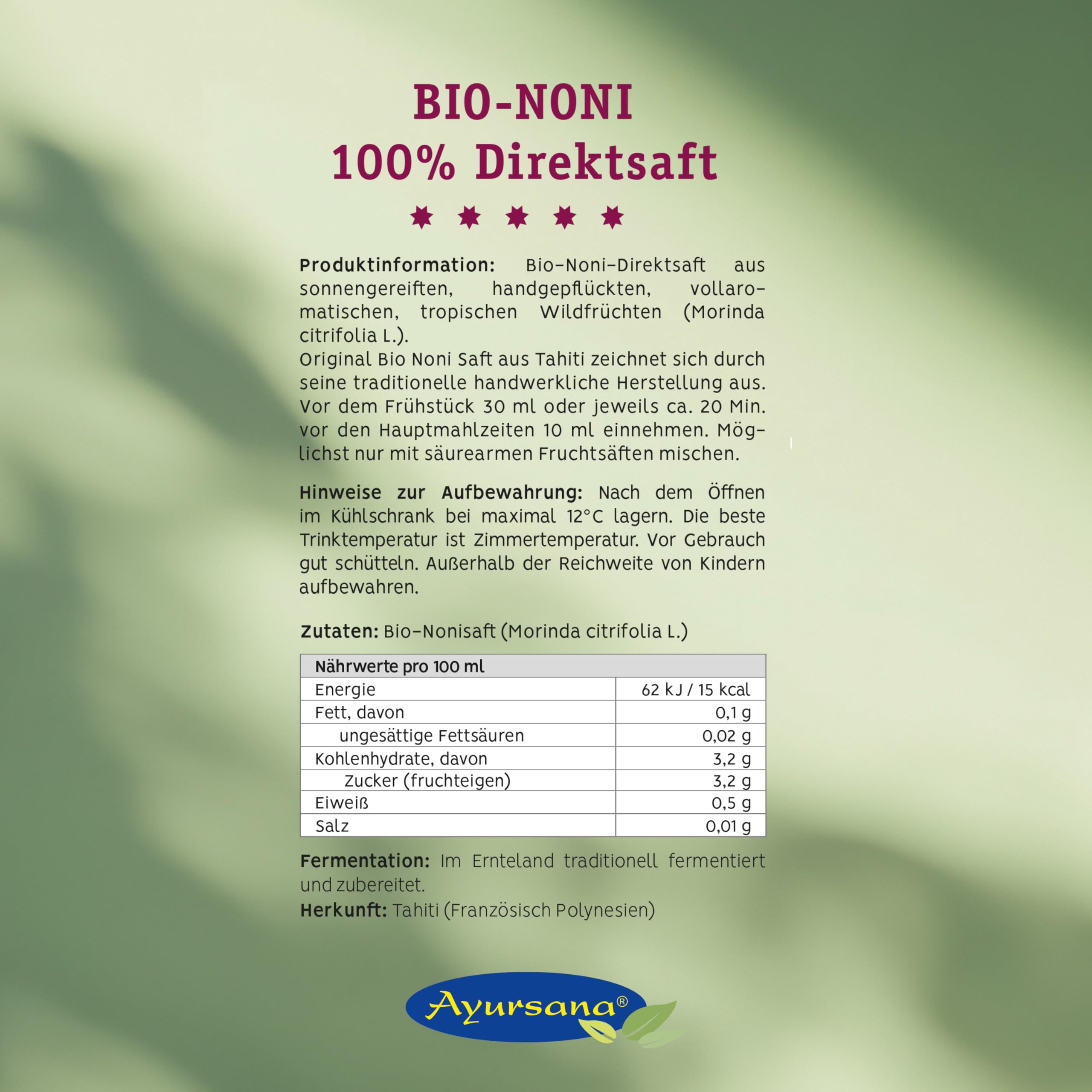 Ayursana Nonisaft 3x1 Liter, Bio-Qualität & 100% Direktsaft, purer Noni Saft abgefüllt und fermentiert im Ernteland Samoa, zum Beimischen für Bowls, Smoothies & Getränke