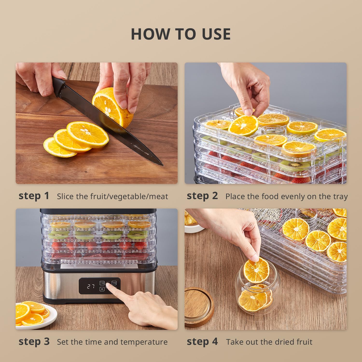 Déshydrateur Alimentaire 250W avec Minuterie & Contrôle de Température, 5 Plateaux, Sans BPA, Appareil de Séchage Électrique pour Fruits, Légumes, Viande, Herbes & Friandises pour