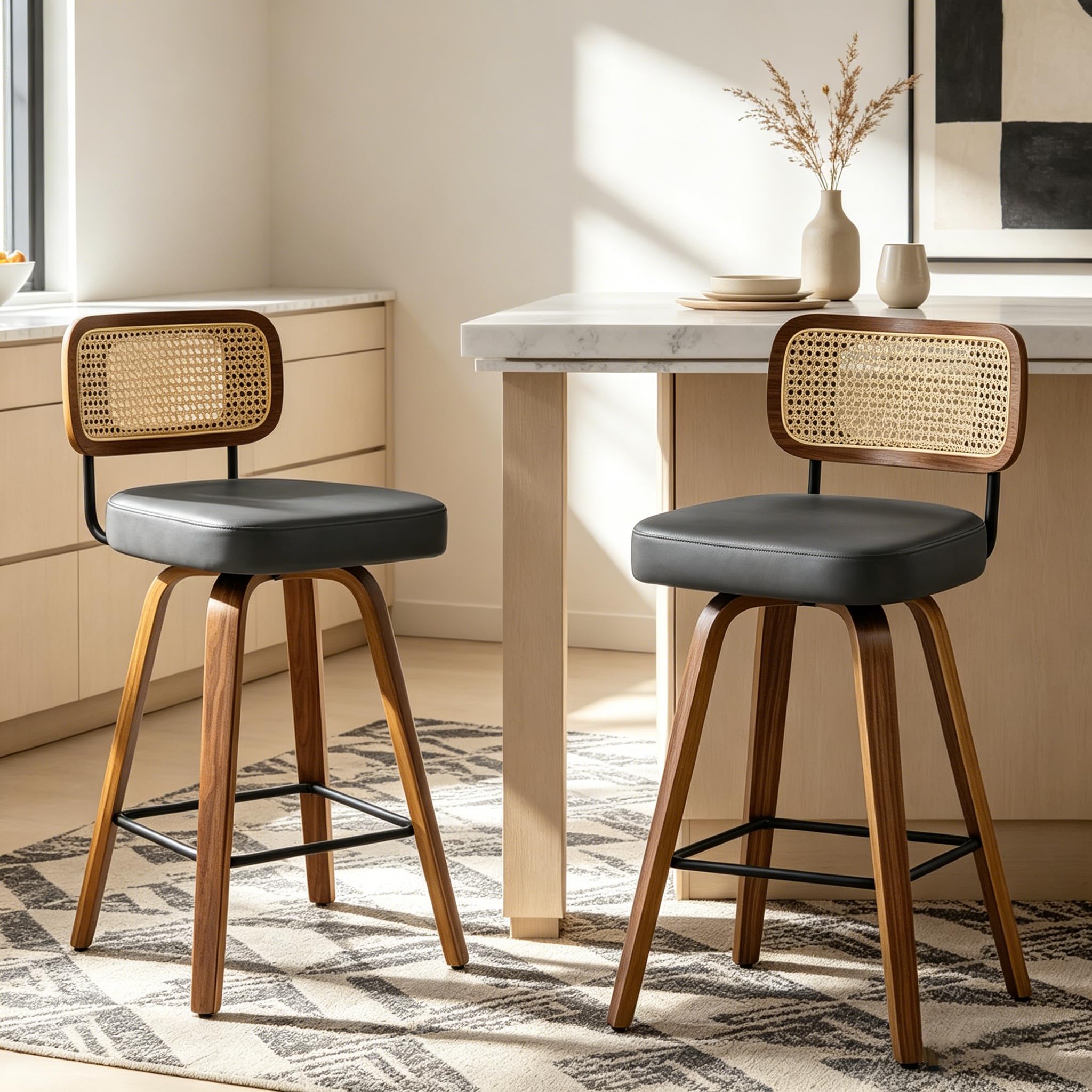 Bekrvio Juego de 2 taburetes de bar giratorios 360°, con respaldo de ratán, altura del asiento de 65 cm, 4 patas, piel sintética y madera maciza, silla retro con respaldo para isla de cocina y