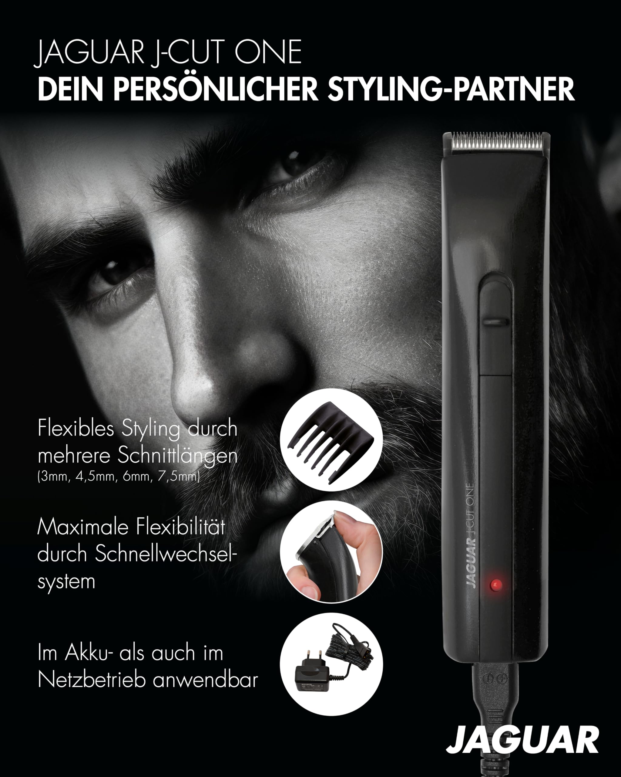 JAGUAR Haartrimmer J-CUT One black | 2-way | mit Aufsteckkamm für 4 Längen | Profi Konturenschneider für Akku- und Netzbetrieb | 1 Aufsteckkamm (3/4,5/6/7,5mm) | Vom Profi für Dich