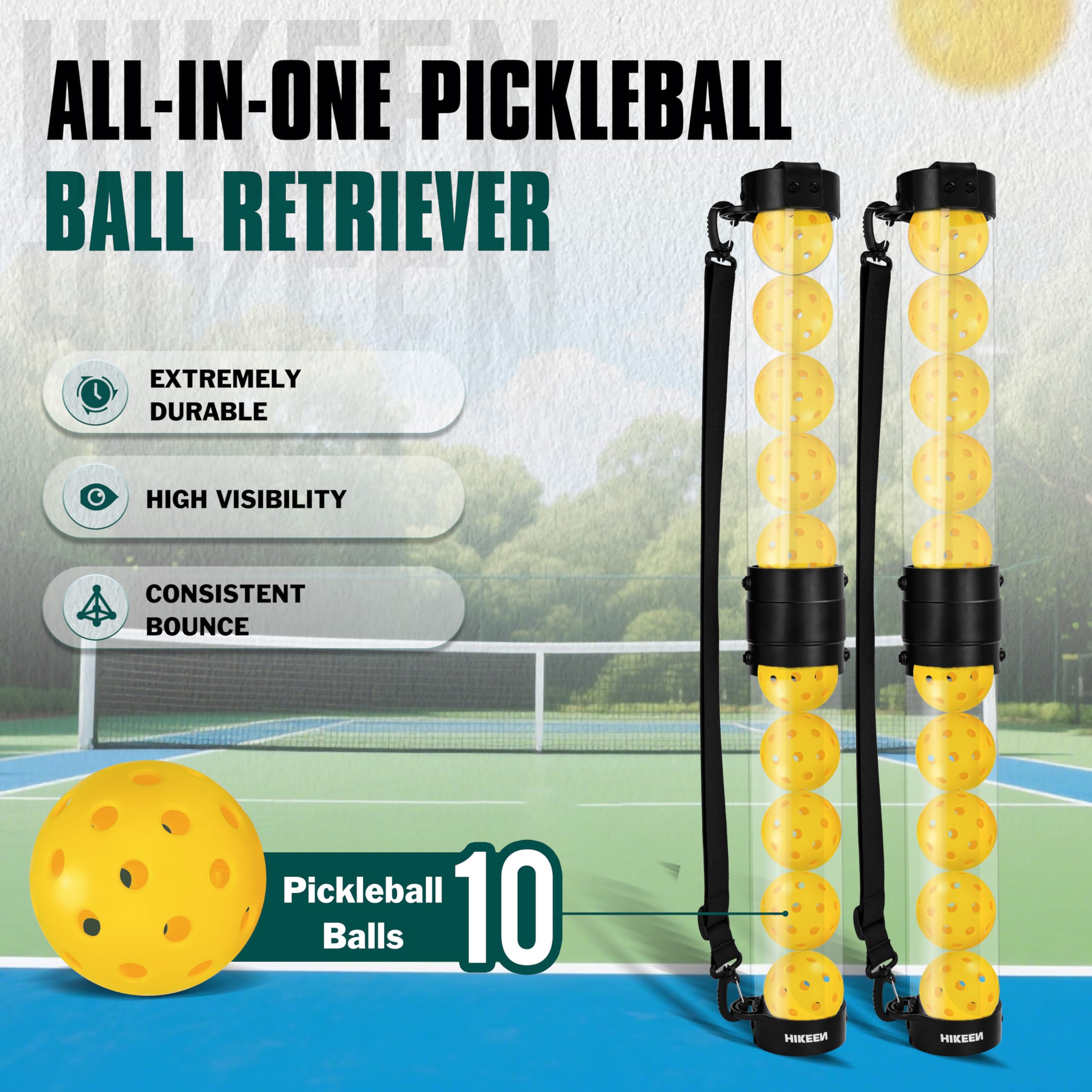 Hikeen Tubo Recuperador Pickleball con 5 Pickleballs, Pickleball Set Portátil con Correa Ajustable para Entrenamiento Pickleball, Accesorios Pickleball para Transportar y Almacenar