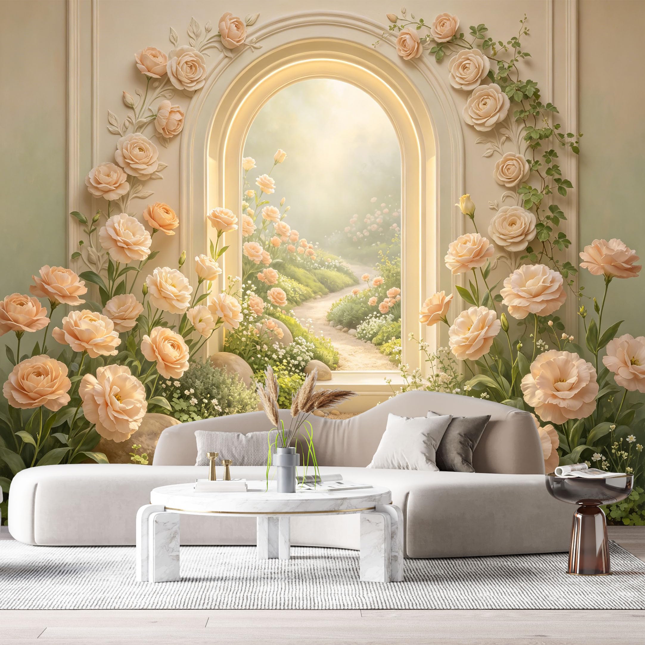 Custom Size Wall Murals Archway Peach Rose Flower Garden Path 3D Trompe L'Oeil SelfAdhesiveWall Fabric Removable Wallpaper Wall Decor for Living Room Bedroom Bathroom