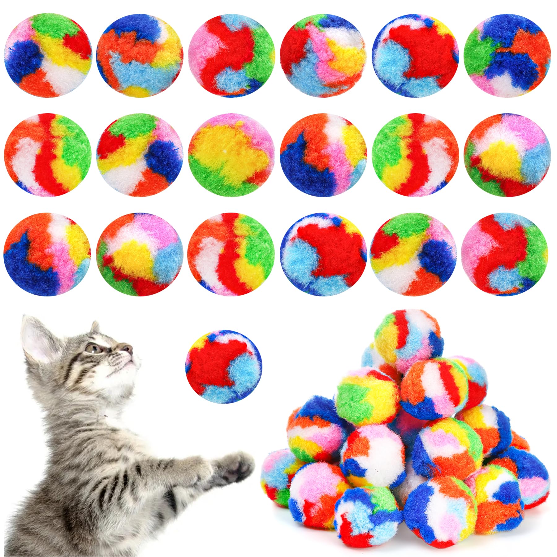 Nicunom 60 PCS Cat Pom Pom Balls, 1.7Inch Rainbow Cat Toy Balls, Soft Plush Cat Ball Fuzzy Kitty Balls Colorful Kitten Puff Ball for Pet Kitten