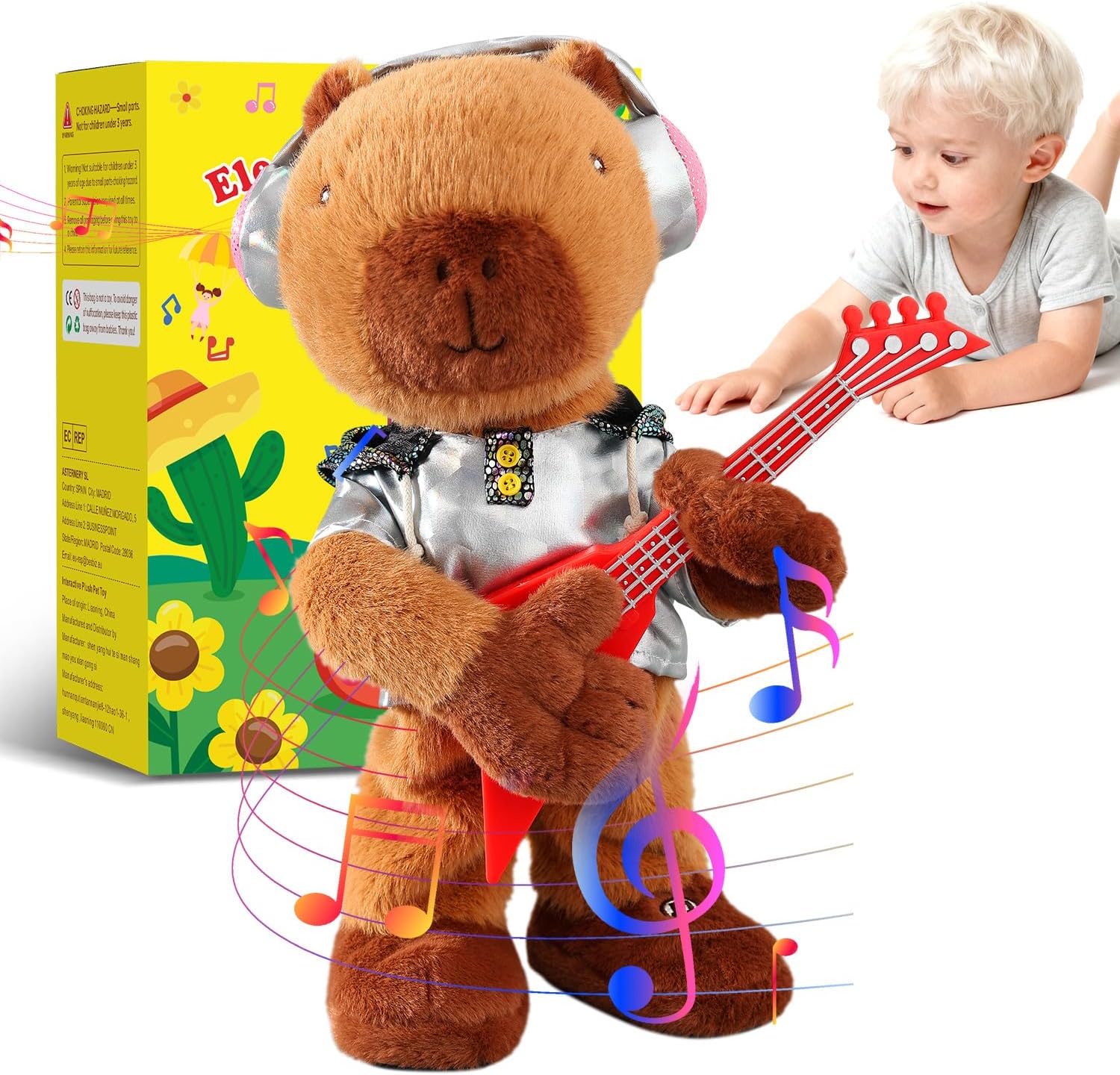 Marsjoy Rocking Dancing Capybara Plush Toy, Singing Music Twisting Body Plush Stuffed Animals, Rocking Punk Crazy Cool Guitar Capybara, Perfect Christmas Birthday New Year for Kids