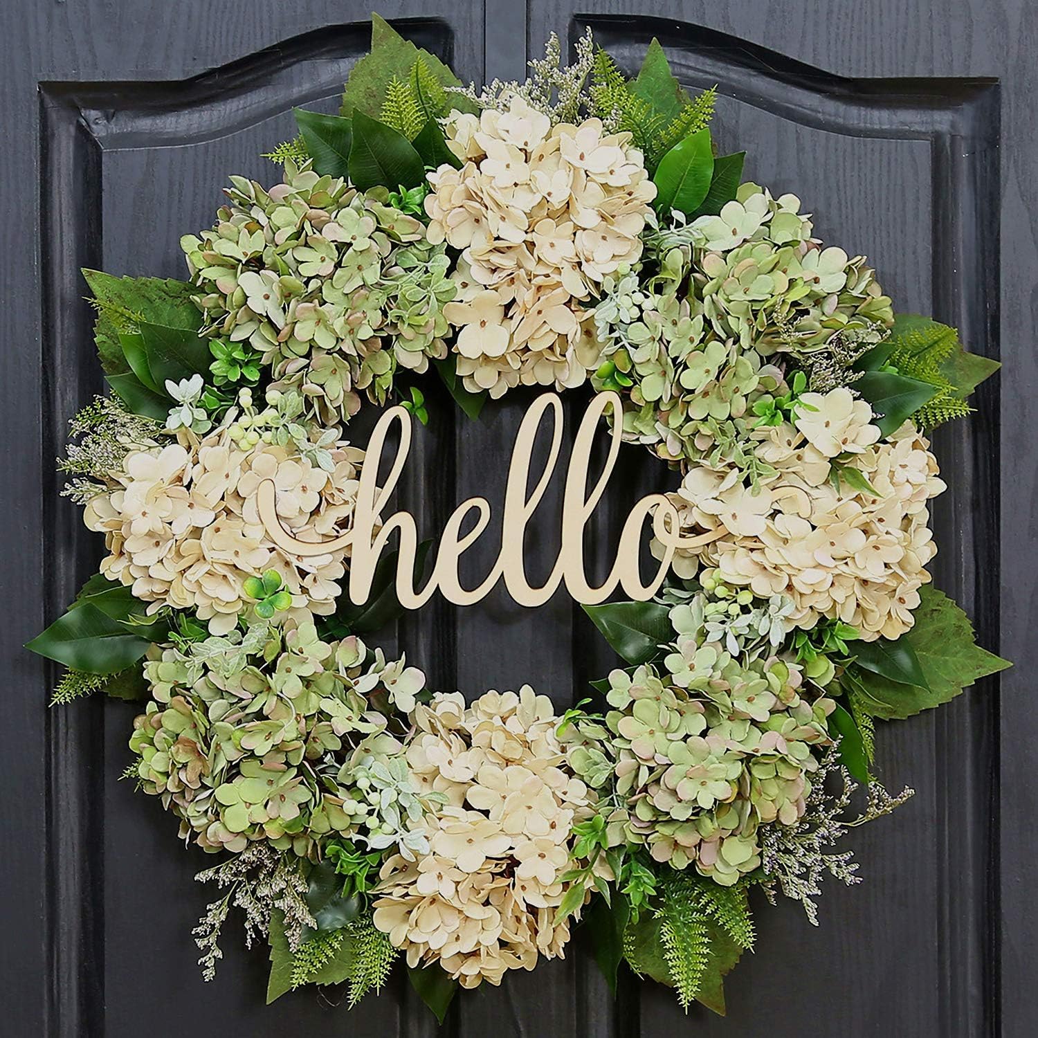 Spring Wreath for Front Door 18 Inch Green Hydrangea Summer Handmade Hello Farmhouse Grapevine Wreath for Home Farmhouse Outdoor Indoor Holiday