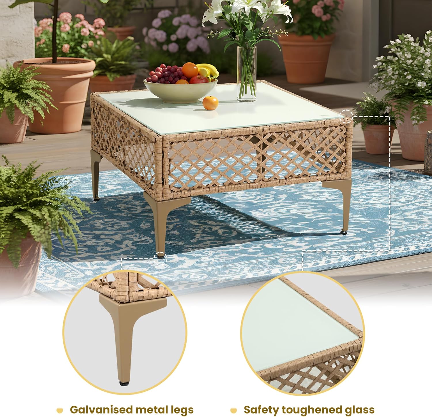 7 Piece Patio Furniture Set, Outdoor Wicker Sectional Sofa Conversation Set with Water Resistant Thick Cushions & Tempered Glass Coffee Table for Backyard, Porch, Boho Style, Natural/Beige