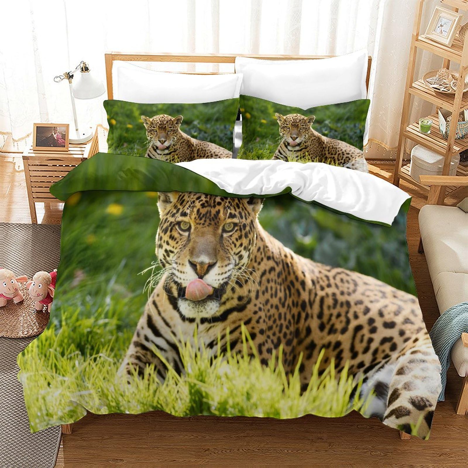 P1s9u7w5y Jaguar-3 3D Printed Wild Leopard Duvet Cover Set 3Pcs Microfiber Jungle Leopard Bedding Set Double（200X200cm）