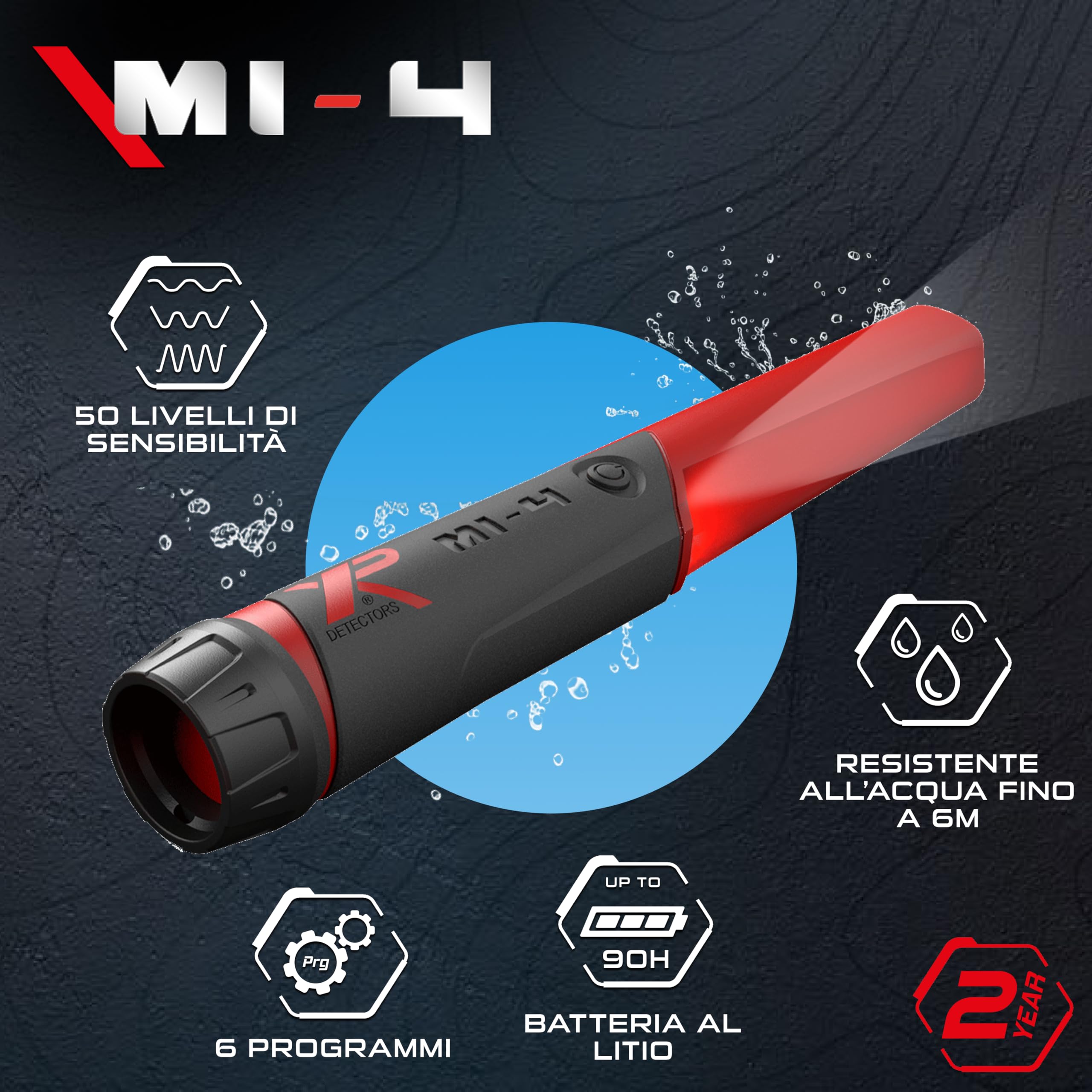 XP Metal Detectors MI-4 Pinpointer, progettato da XP Metal Detectors per essere utilizzato da tutti i detectoristi, impermeabile fino a 20 piedi (MI-4) con 6 programmi e 3 livelli di sensibilità.