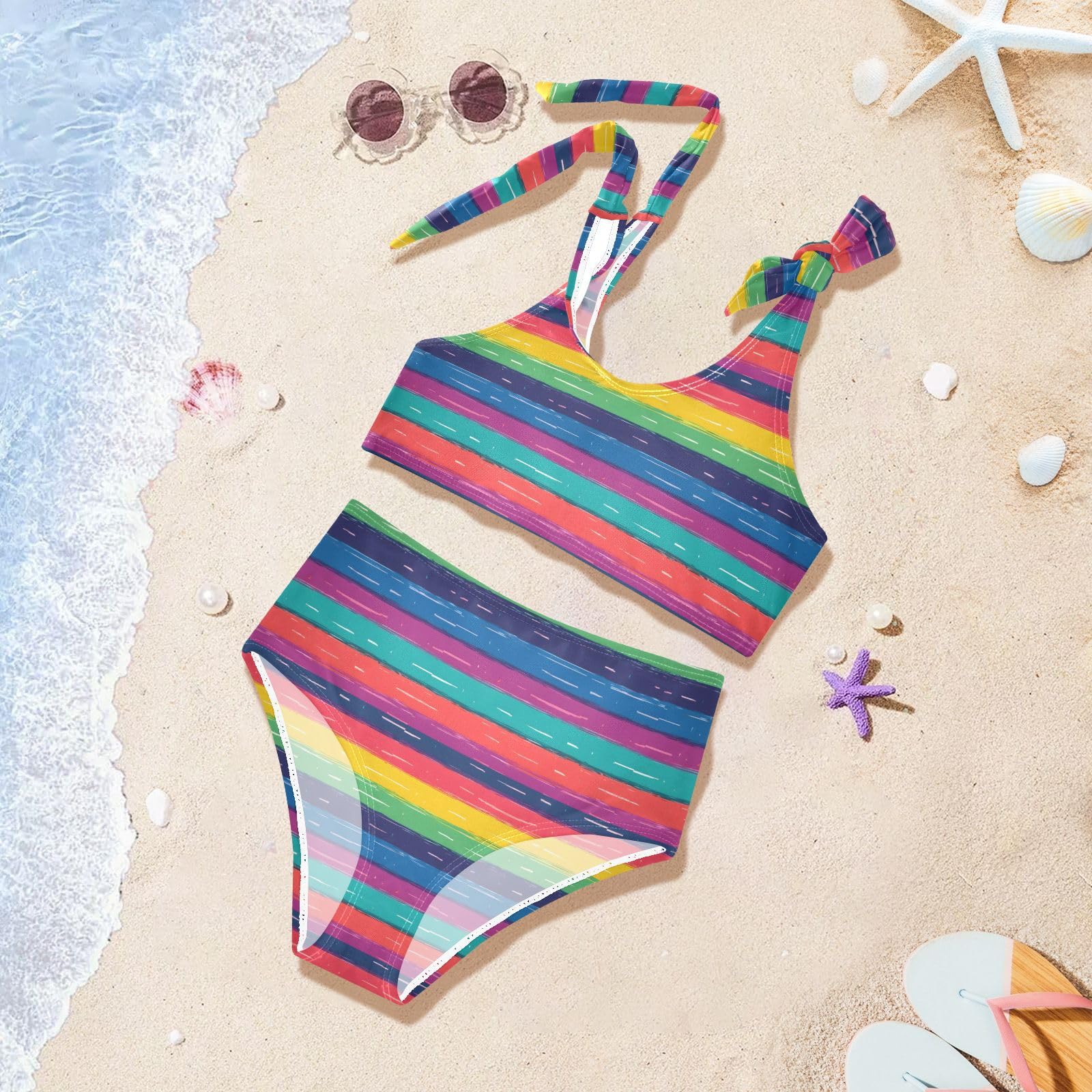 Rainbow Strip Girls Tankini Swim Set, Two Piece Swimsuits Summer Bikini Swimwear Set for Girls, 4T
