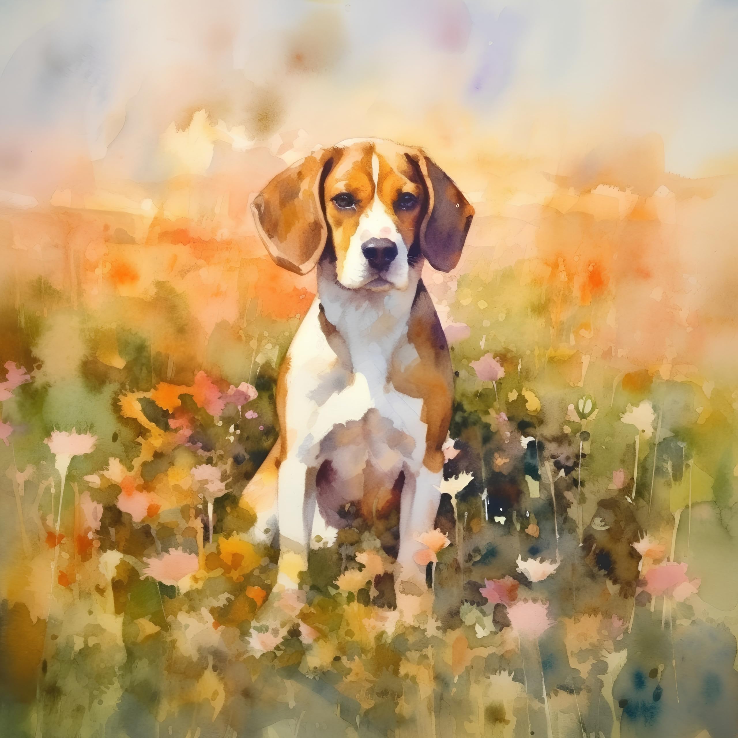 adrium Cuadro acrílico 90 x 90 cm: perro beagle en flores. Pintura digital de acuarela sobre lienzo. (211848060)