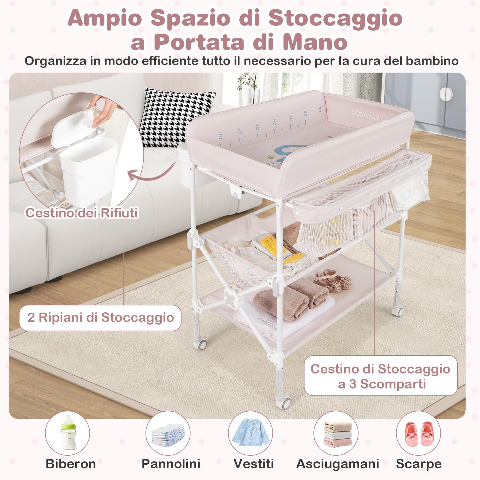 COSTWAY Fasciatoio Pieghevole Neonato, Fasciatoio Portatile con Altezza Regolabile, Comodino per Pannolini con Ruote di Bloccabili, 2 Ripiani, Porta Asciugamani, Cestino di Rifiuti (Beige)