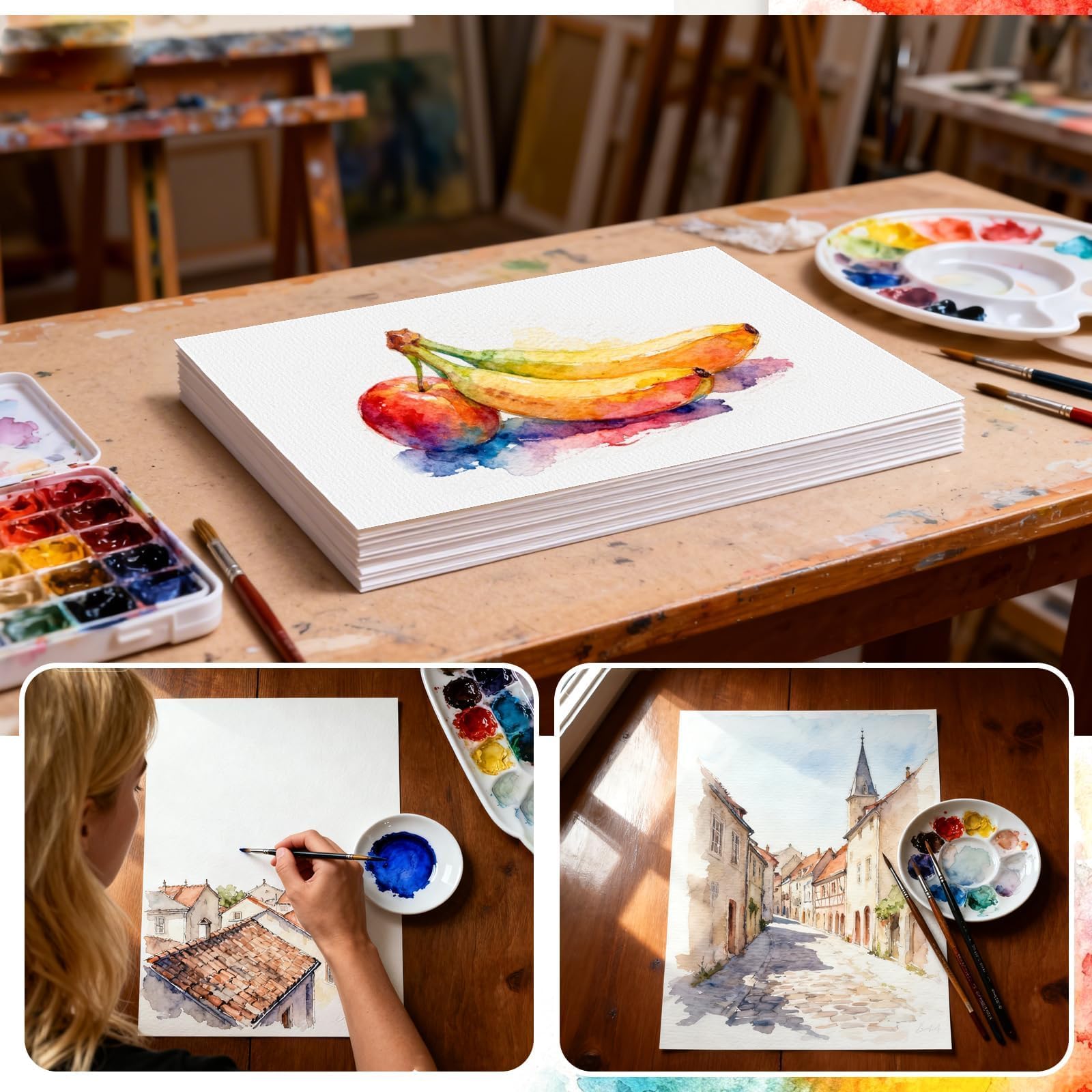 Lot de 80 feuilles de papier aquarelle en coton naturel 300 g/m², 21,6 x 27,9 cm, presse à froid, papier d'artiste pour étudiants, artistes, peinture, dessin