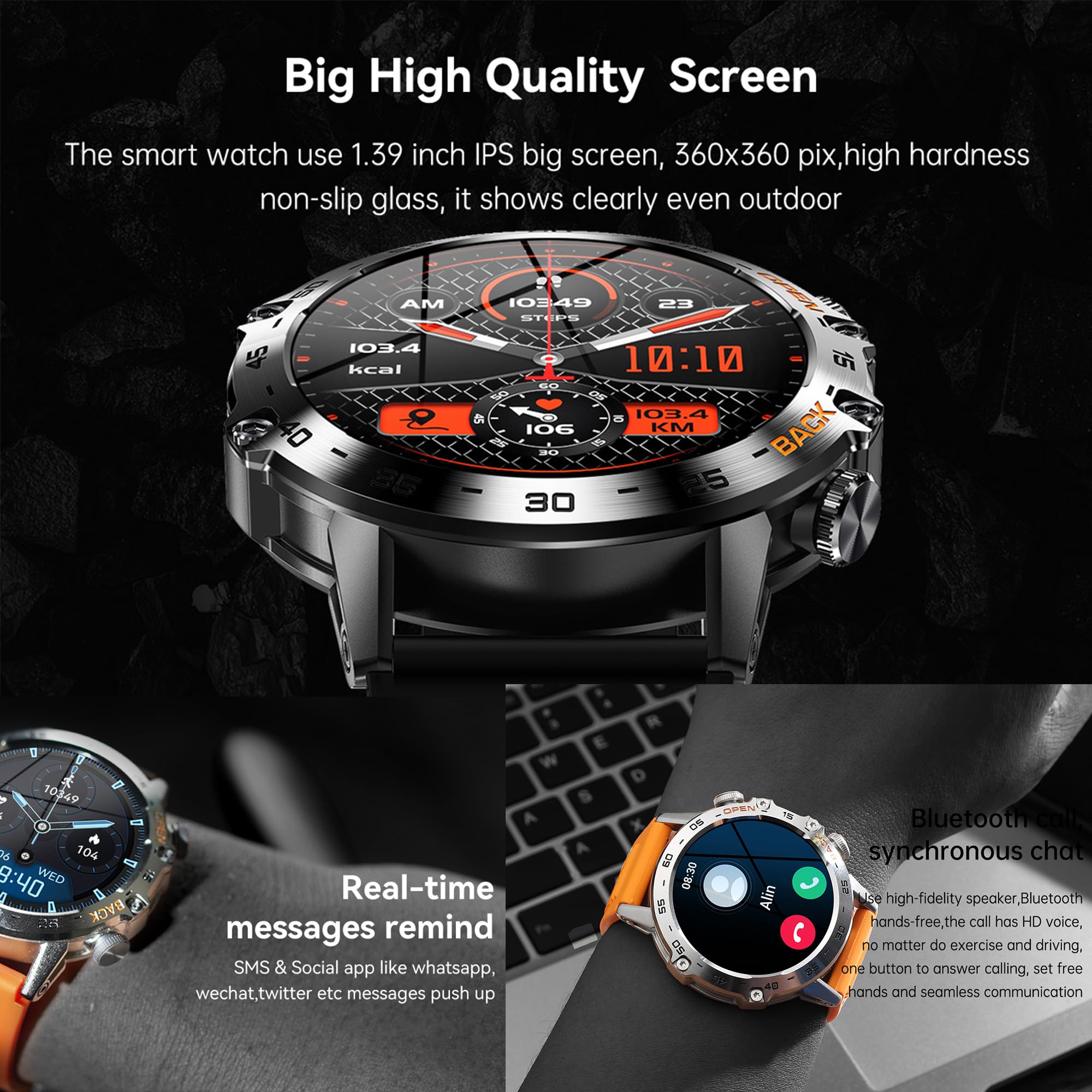 1,39" AMOLED Montre Connectée Homme avec Appel Bluetooth 5,2, Smartwatch Compatible Samsung Huawei Xiaomi Android iOS Podometre GPS Partagé Montre 123 Sports Cardiofrequencemetre (Noir)