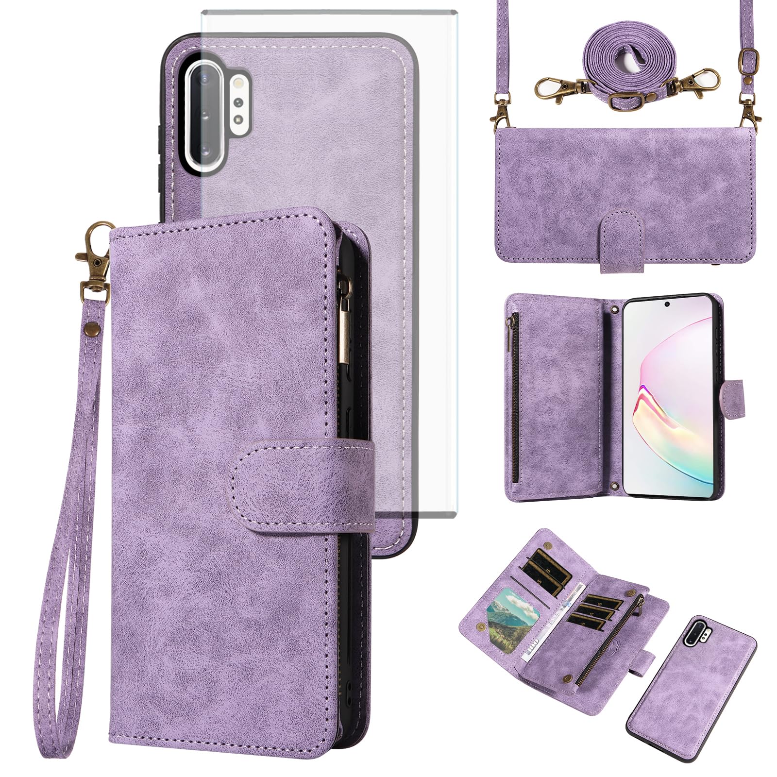 Asuwish Phone Case for Samsung Galaxy Note 10 Plus Note10+ 5G Zipper Wallet Detachable Cell Cover with Screen Protector Strap Flip Card Holder Note10