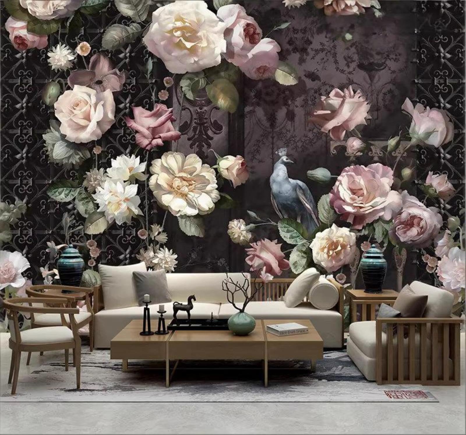 Wallpaper-3D-Xlm 430Cm×300Cm(B×H) Vintage Hand Drawn Roses Peacocks And Flowers 3D Wallpaper Easy Install Feature Office Living Room Sofa Bedroom Tv Background Wall Decoration-430Cm×300Cm